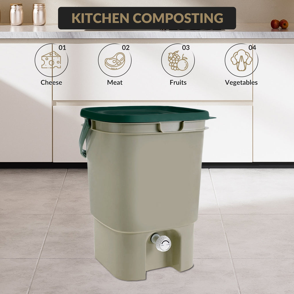 Garvee Bokashi Compost Bin with Lid & Spigot, PP Kitchen Fermentation Bucket with Strainer for Indoor Outdoor Food Waste, 11.8" × 11.8" × 15.9"
