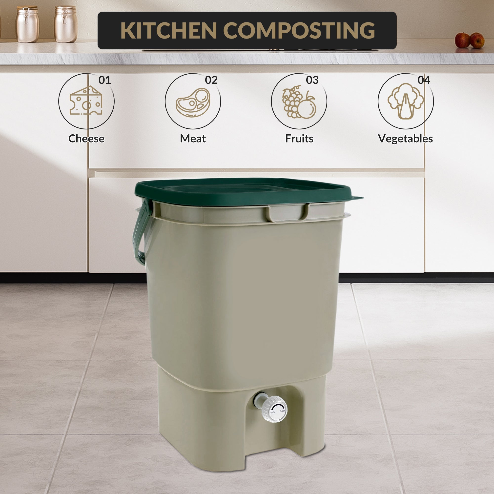 Garvee Bokashi Compost Bin with Lid & Spigot, PP Kitchen Fermentation Bucket with Strainer for Indoor Outdoor Food Waste, 11.8" × 11.8" × 15.9"