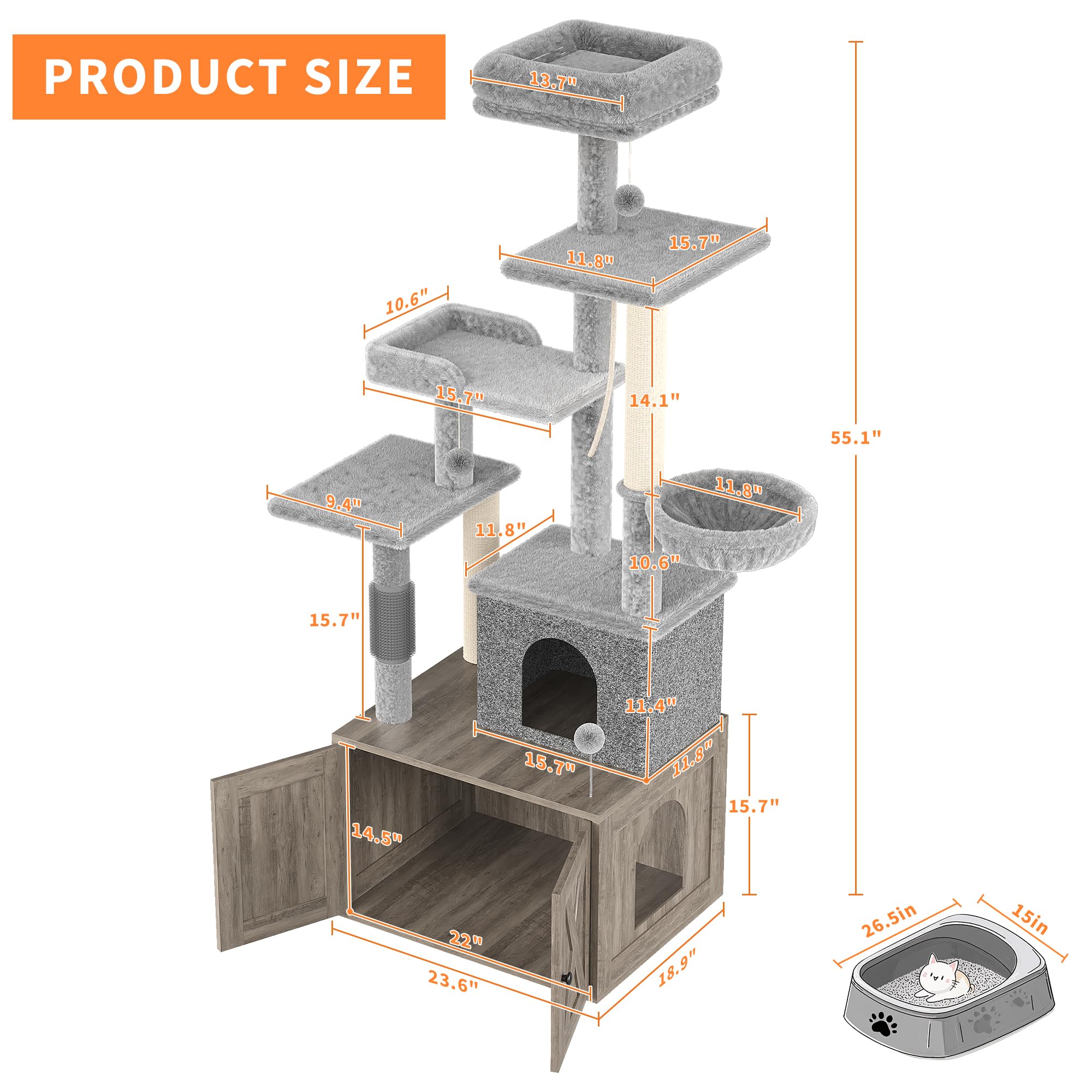 Garvee Litter Box Enclosure with Cat Tree, 2-In-1 Modern Cat Tower, Hidden Washroom Furniture, Wood Cat Condo with Scratching Post and Hammock, Indoor Pet Furniture with Multiple Platform, Gray
