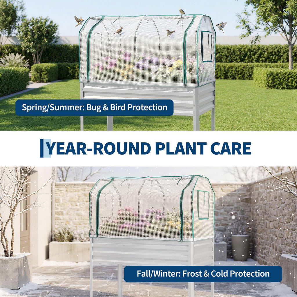 Garvee Elevated Raised Garden Bed, 48 x 24 x 56-Inch Galvanized Metal Planter with Greenhouse Cover, Bird Net and 4 Plant Signs for Patio Gardening, Silver