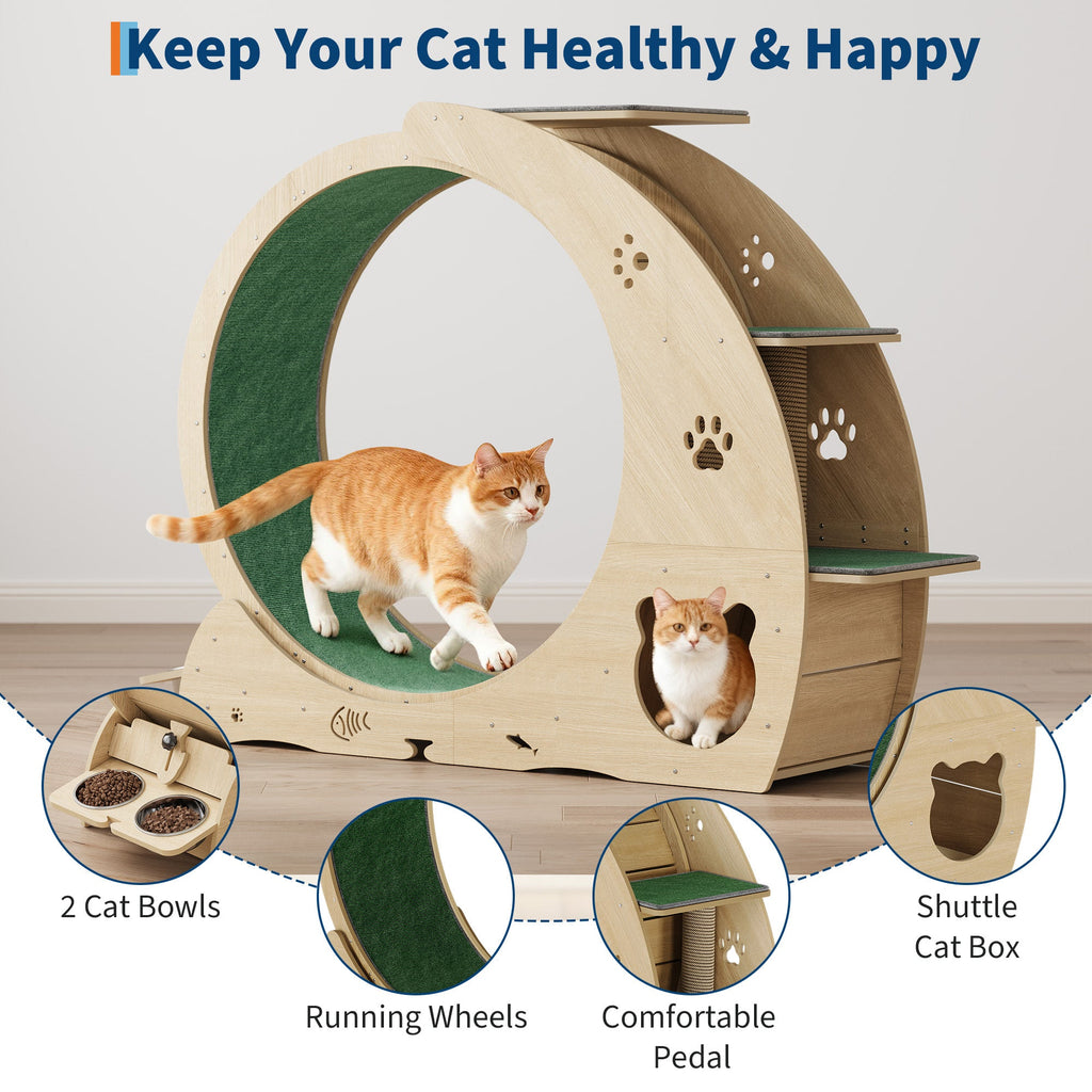 Garvee Large Cat Exercise Wheel for Indoor Cats - 4-in-1 Treadmill with Grazeing Post, 3-Level Jumping Tower & Carpeted Fashion Show - Quiet Spinner for Fitness & Entertainment - Wood Color