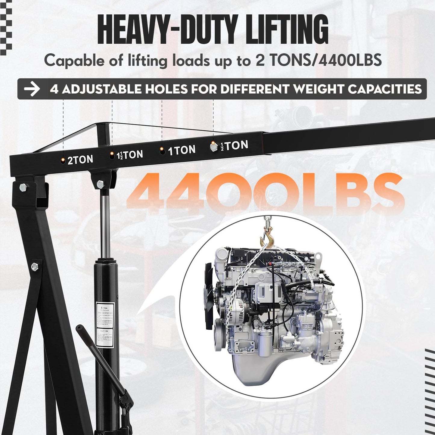 Garvee 2 Ton Folding Hydraulic Engine Hoist Cherry Picker – 4400 lbs Heavy Duty Shop Crane with Telescopic Boom, 6 Casters – Engine Lift for Garage Workshop Auto Repair – Color: Black | Packaged