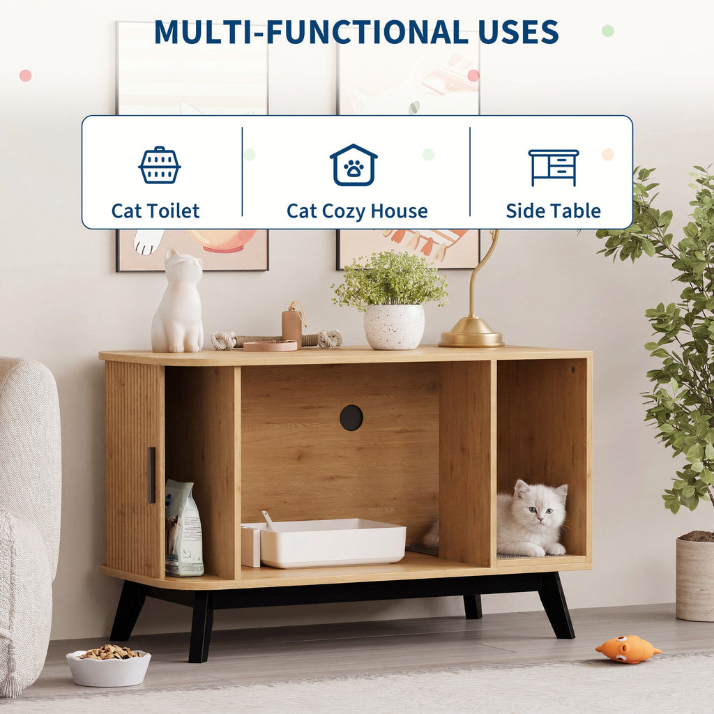 Garvee Modern Hidden Cat Litter Box Furniture – 39" Cat House Side Table with Sliding Door, Litter Mat, Multi-Functional Pet Enclosure for Living Room – Natural Wood Color