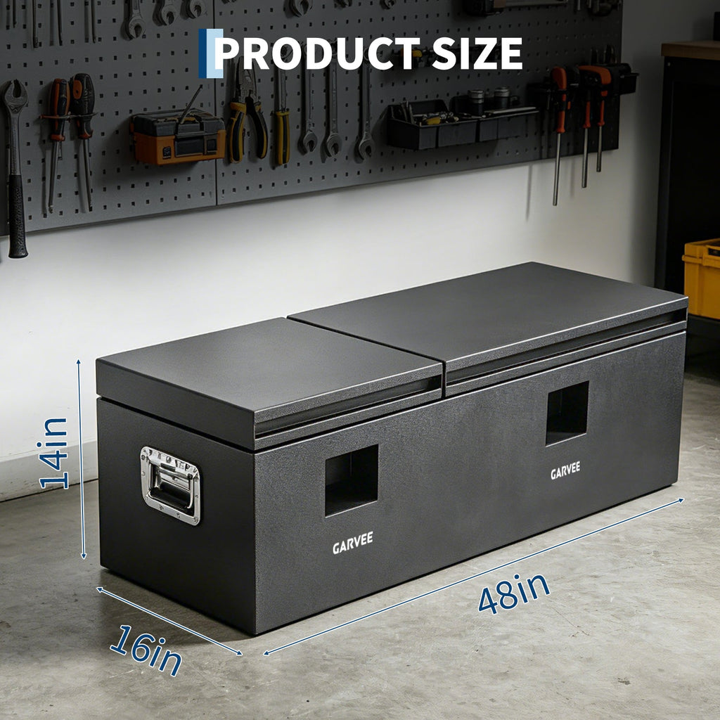 Garvee 48"X16"X14" Heavy Duty Steel Truck Bed Tool Box – Double Lid, Grooved Weatherproof Metal Chest with T-Handle & Side Handle, Durable Organizer for Pickup Truck, RV, Trailer, Front Double, Grey