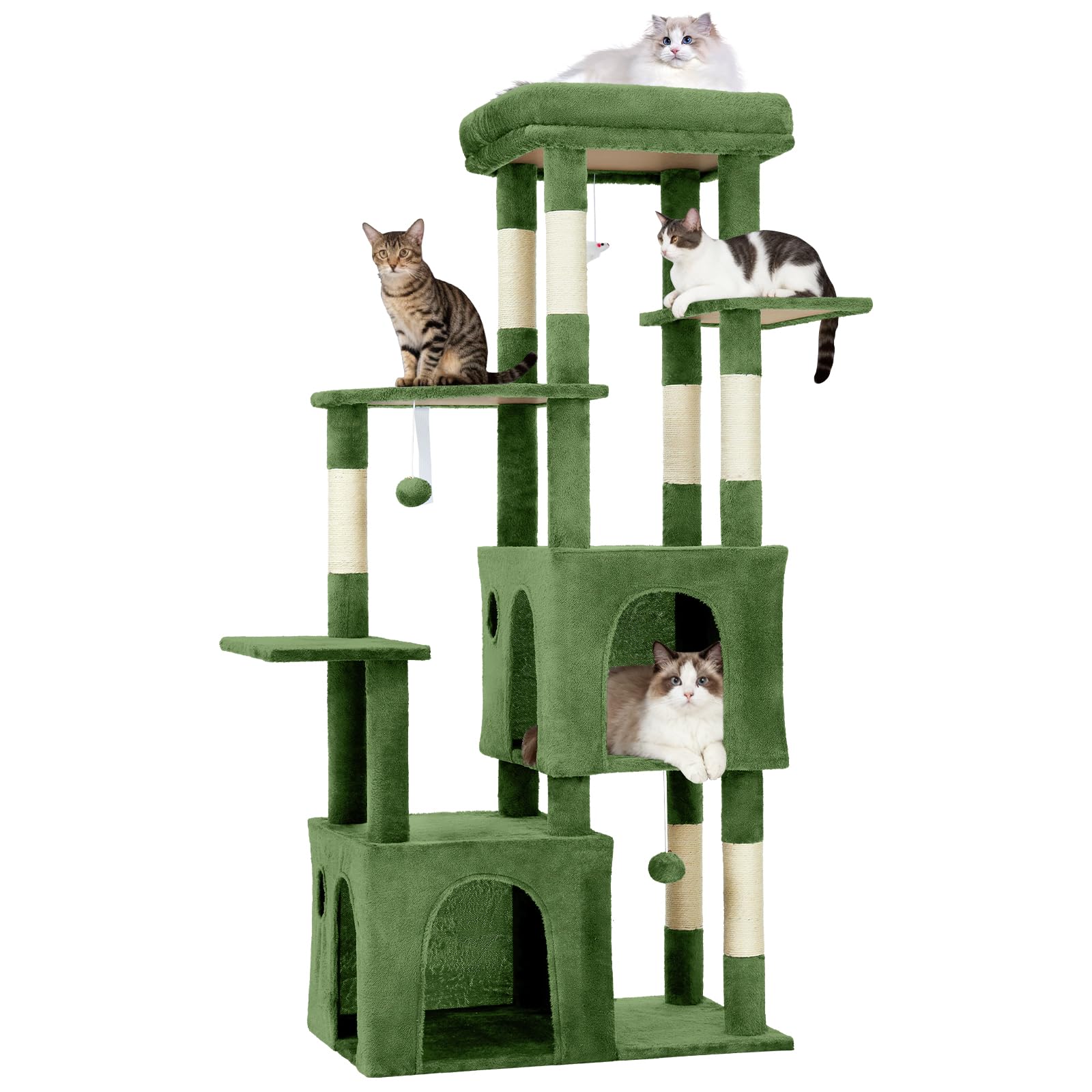 Garvee 61" Multi-Level Cat Tree for Indoor Cats, Heavy-Duty Tower for Large Adult & Maine Coon Cats with Oversized Perch, Dual Condos, Natural Sisal Scratching Posts & Play Toys – Green