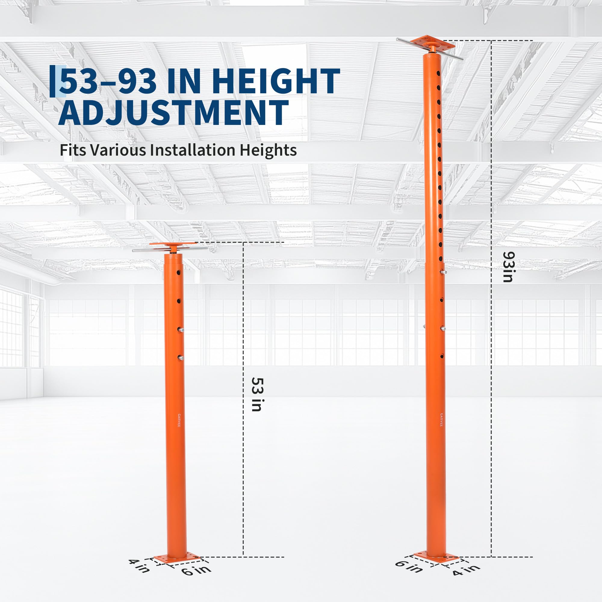 Garvee Heavy Duty Adjustable House Floor Jack Post – 18,000 lbs Capacity – Carbon Steel Joist Beam Lifter – 53"-93" Height Range – Basement Leveling Support – Orange Red, 53-93in