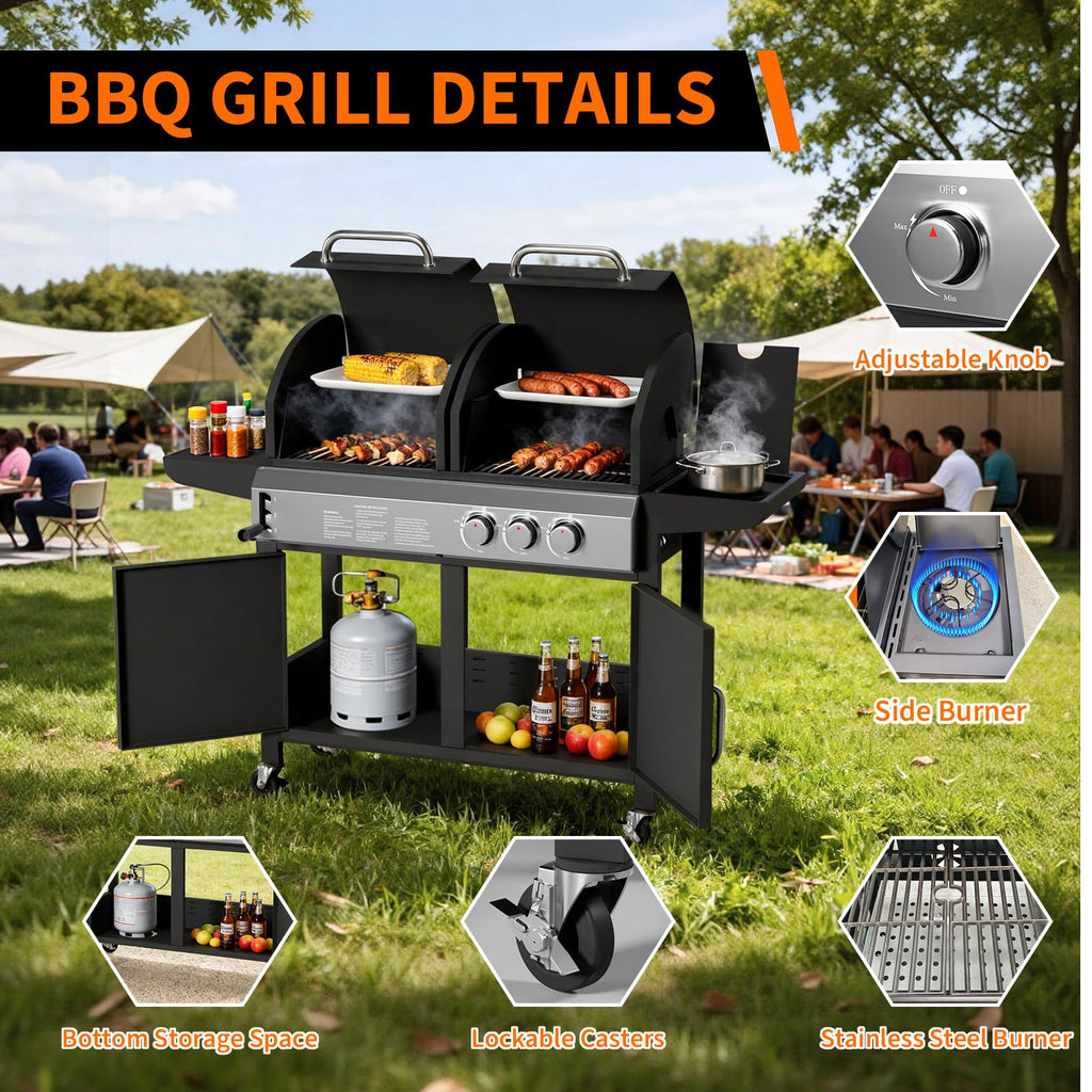 Garvee 3 Burner Propane Gas and Charcoal Grill Combo with Side Burner, Outdoor Dual Fuel Grill with Storage Cabinet for Patio & Party & Kitchen & Backyard Barbecue