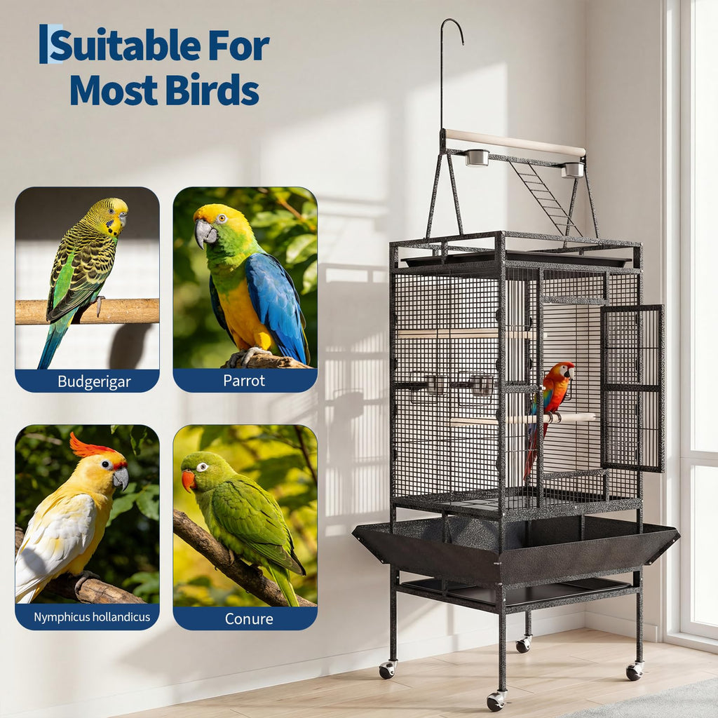 Garvee Extra Large 82" Parrot Cage with Play Top & Rolling Stand, Heavy Duty Wrought Iron Aviary – Spacious, Secure, Easy to Clean – Removable Tray & Rope Perch – Ideal for Parrots, Parakeets