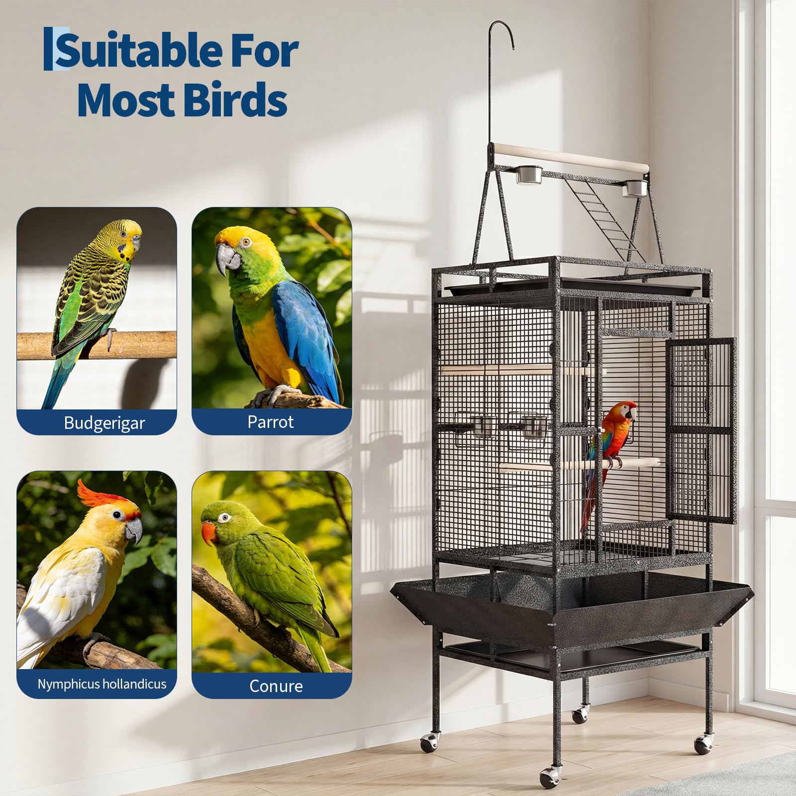 Garvee Extra Large 82" Parrot Cage with Play Top & Rolling Stand, Heavy Duty Wrought Iron Aviary – Spacious, Secure, Easy to Clean – Removable Tray & Rope Perch – Ideal for Parrots, Parakeets