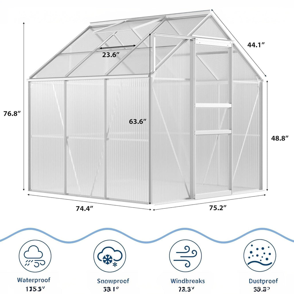 Garvee 6x6 FT Polycarbonate Greenhouse Kit for Outdoors – Durable Aluminum Frame, Lockable Sliding Door, Adjustable Roof Vent, Gutter System, Easy Setup, Ideal for Patio, Backyard, Garden – Original Color