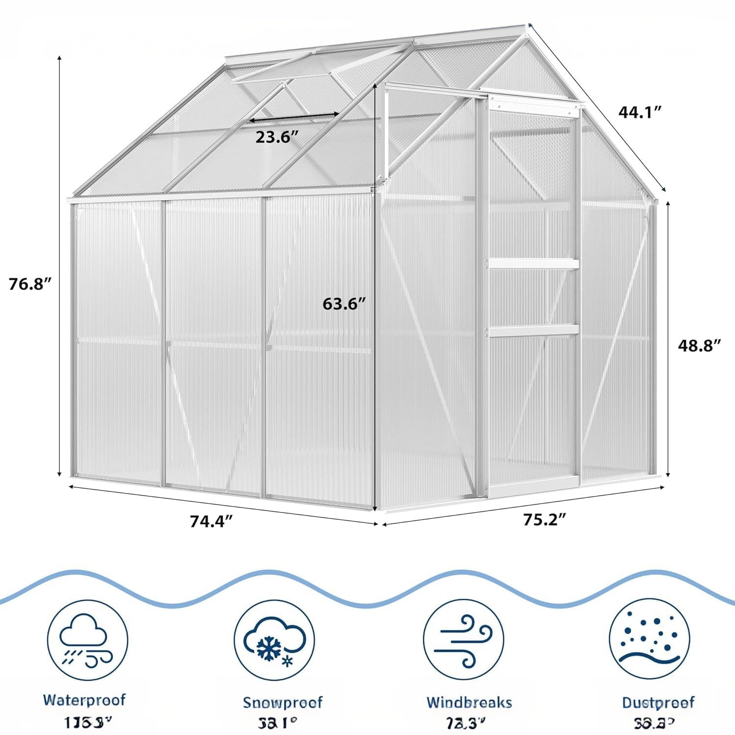 Garvee 6x6 FT Polycarbonate Greenhouse Kit for Outdoors – Durable Aluminum Frame, Lockable Sliding Door, Adjustable Roof Vent, Gutter System, Easy Setup, Ideal for Patio, Backyard, Garden – Original Color