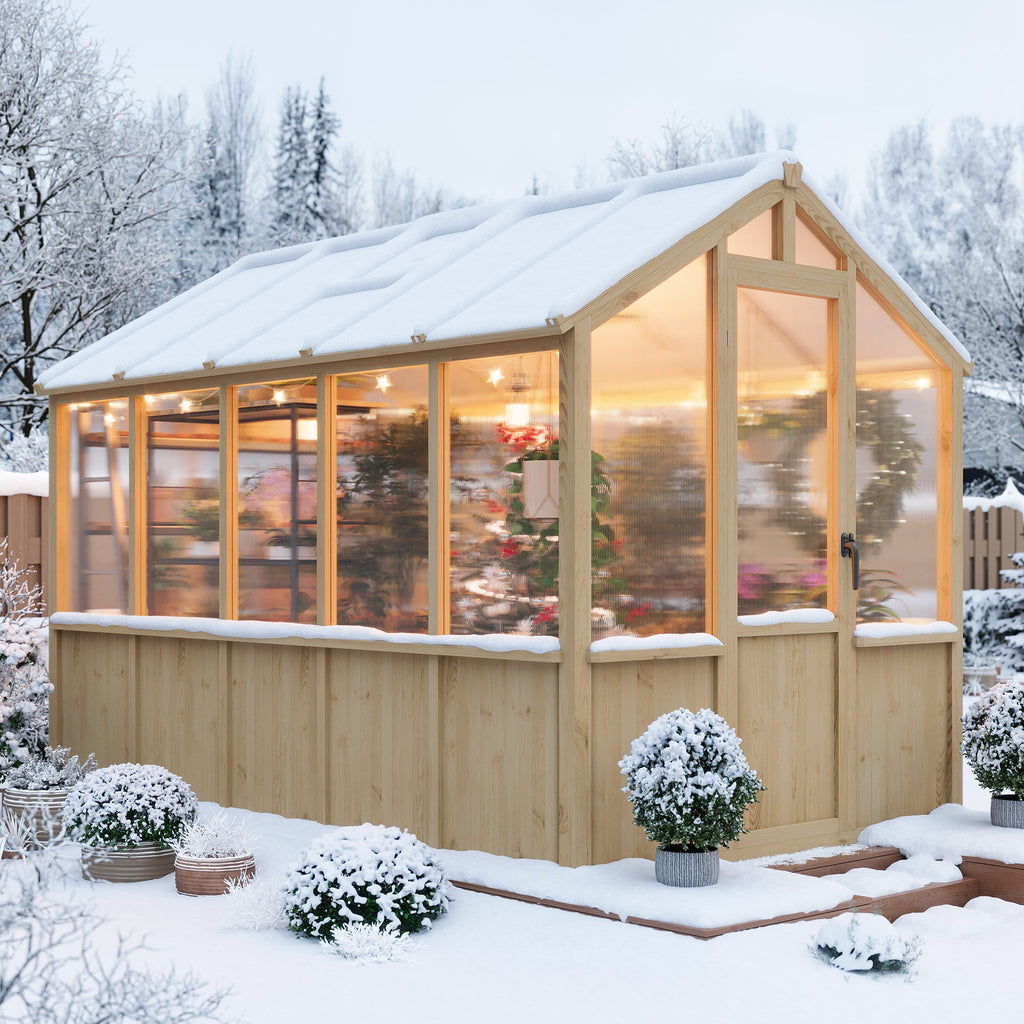 Garvee Walk-In Wooden Greenhouse for Outdoors – Heavy Duty Spruce Frame, PC Panels, Adjustable Roof Vent, Lockable Door – Garden Outdoor Storage for Backyard, Patio, Lawn – 6x10 Natural Wood Color