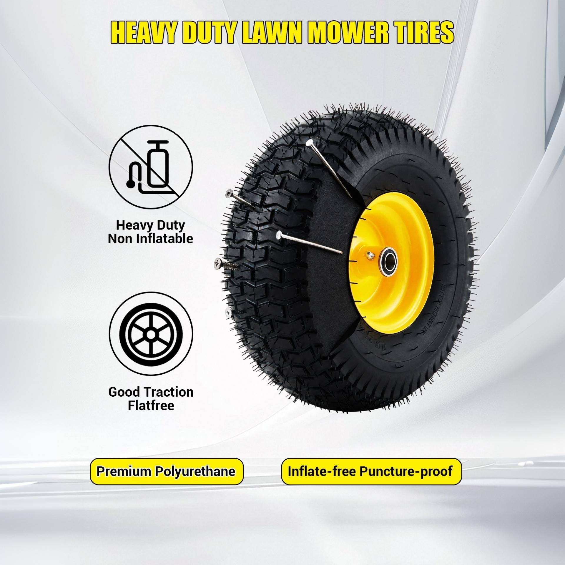 Garvee Flat Free Sturdy Tire & Wheel Set for Golf Cart, Lawn Mower, Garden Tractor – Heavy Duty, 500lbs Load, Global Fit, Puncture Proof, Maintenance-Free – 2 Pack, Yellow Hub | 15×6.00-6