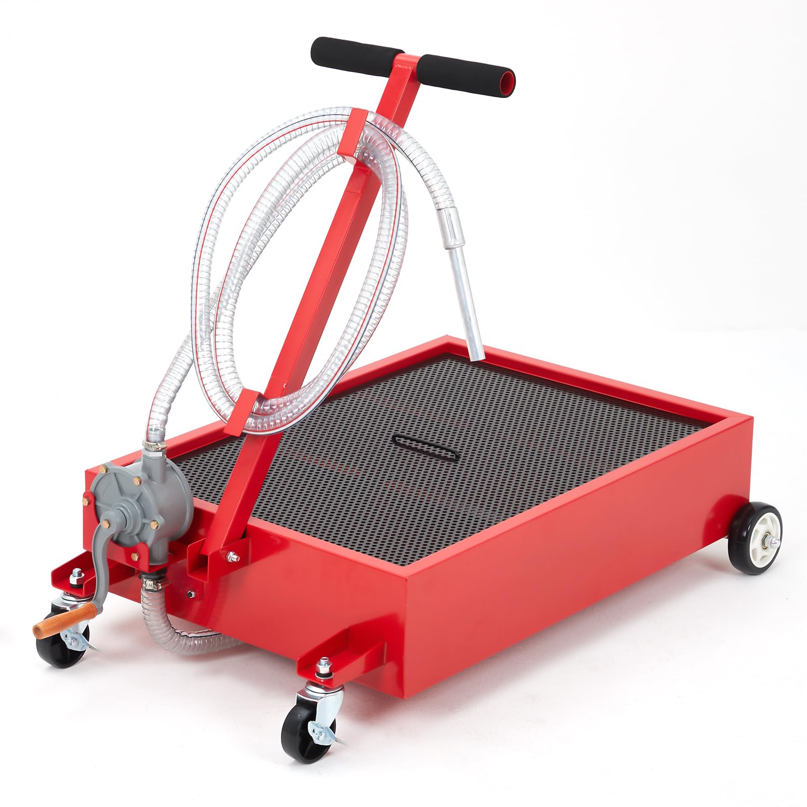 Garvee Heavy Duty 20 Gallon Low Profile Oil Drain Pan with 110V Electric Pump - 8.2ft Hose - Collapsible T-Handle - Lockable Swivel Casters - Rolling Oil Drain Cart for Cars, Trucks, SUVs - Waistline Version, Red