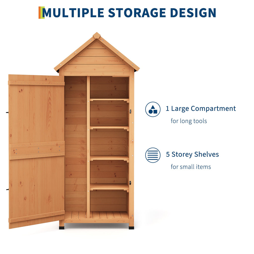 Garvee 63'' Wood Shed Waterproof, Tall Vertical Outdoor Storage Cabinet with 4 Shelves & Lockable Door, Space-Saving Garden Tool Shed for Patio, Yard, Lawn, Garden