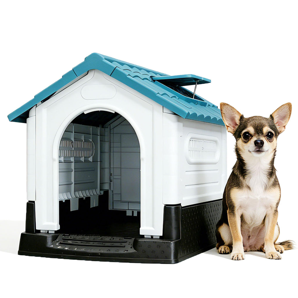 Garvee Small Dog House Outdoor with Air Vents and Elevated Floor for Puppy, Plastic Waterproof Doghouse Sloping Roof, Easy Clean and Assemble, Blue(25.2"D×19.3"W×26"H)