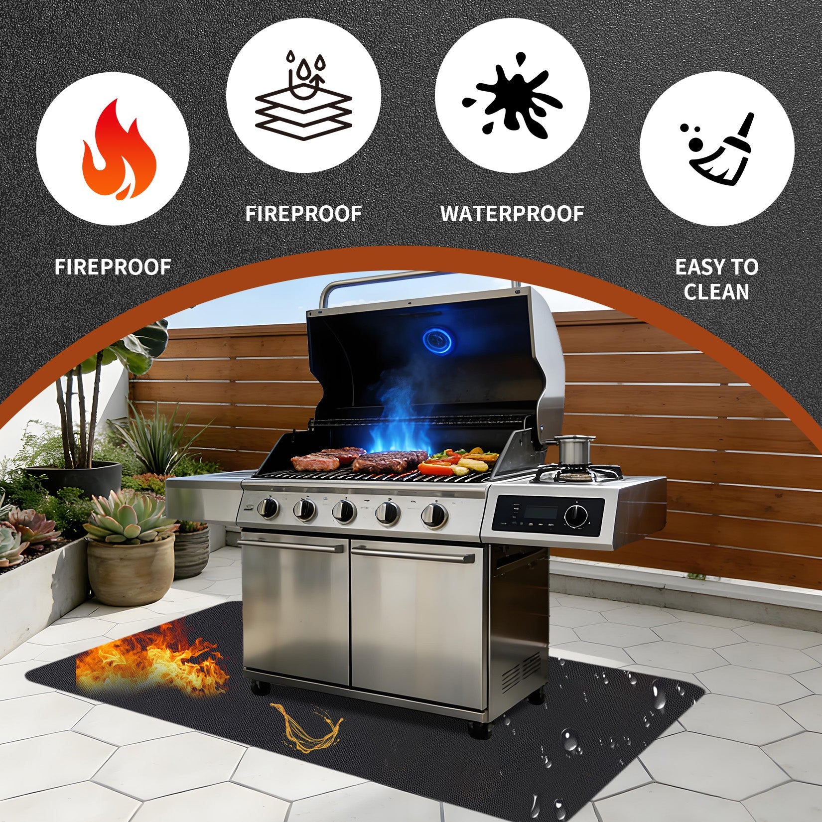Garvee Double-Sided Fireproof Grill Mat - Heavy Duty Waterproof & Oil-Proof Deck Protector for Outdoor BBQ, Fire Pit, Patio & Fireplace - Durable Floor Mat, Black, 76 x 48 inch