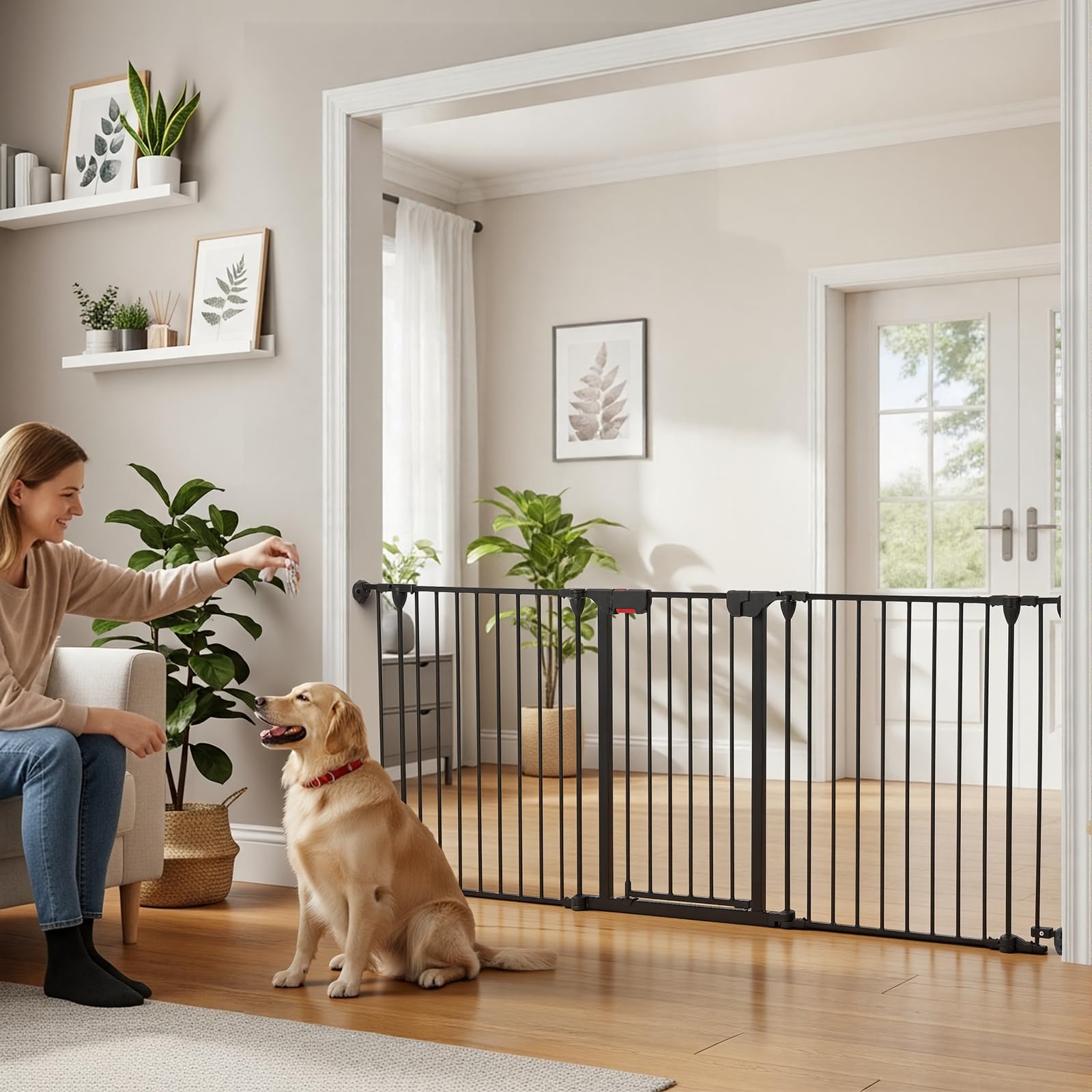 Garvee Adjustable Metal Pet Safety Gate, 6-Panel 29" High Collapsible Playpen with Lockable Door, Portable Indoor/Outdoor Barrier for Stairs, Doorways, RV, Camping, Yard, Garden, Black