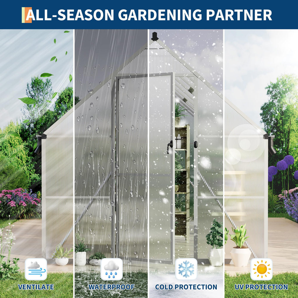 Garvee Heavy Duty 8x16FT Polycarbonate Greenhouse with Aluminum Frame – Double Swing Doors, Roof Vent, Rain Gutter, Quick Setup – Large Walk-In Outdoor Gardening Tent, Silver