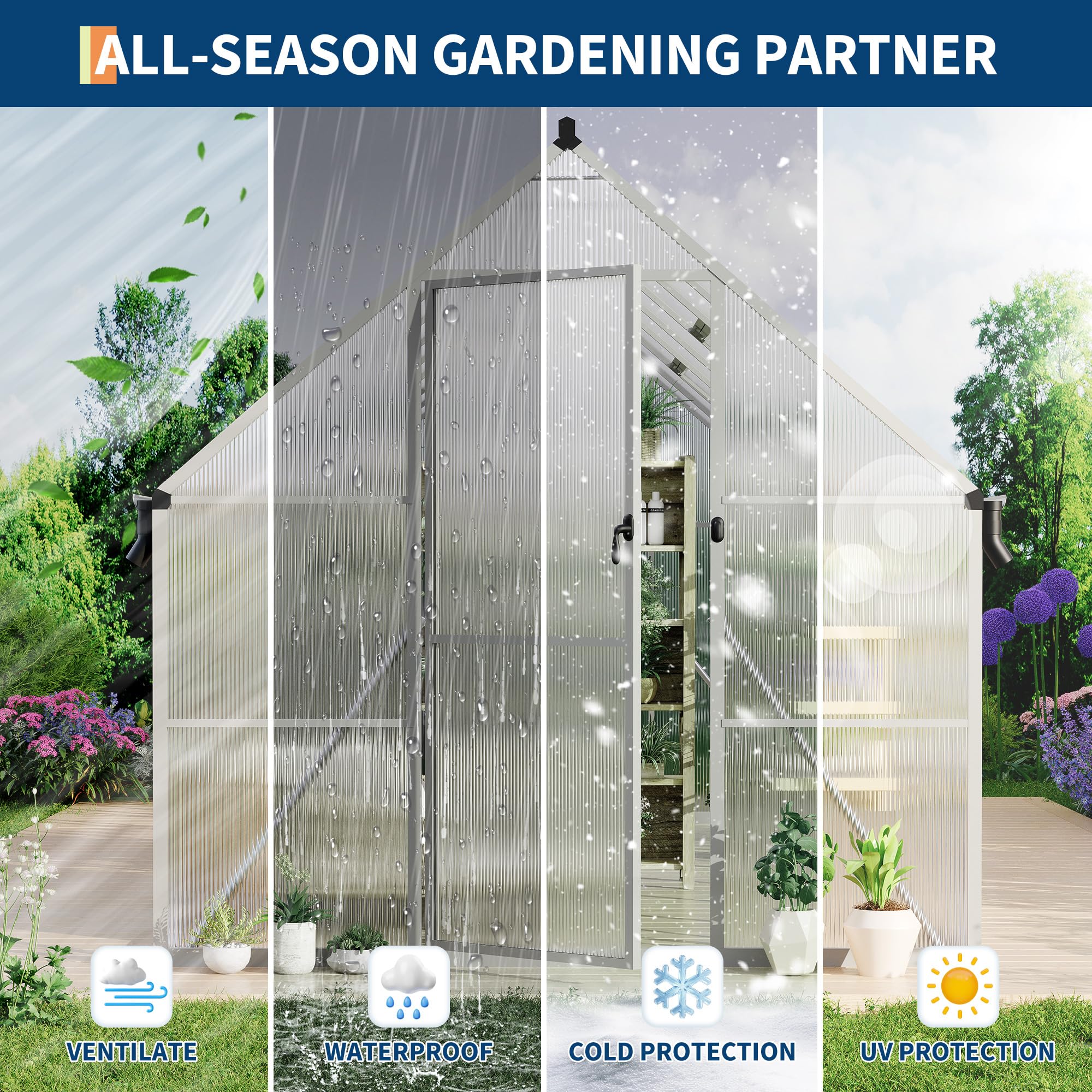 Garvee Heavy Duty 8x16FT Polycarbonate Greenhouse with Aluminum Frame – Double Swing Doors, Roof Vent, Rain Gutter, Quick Setup – Large Walk-In Outdoor Gardening Tent, Silver