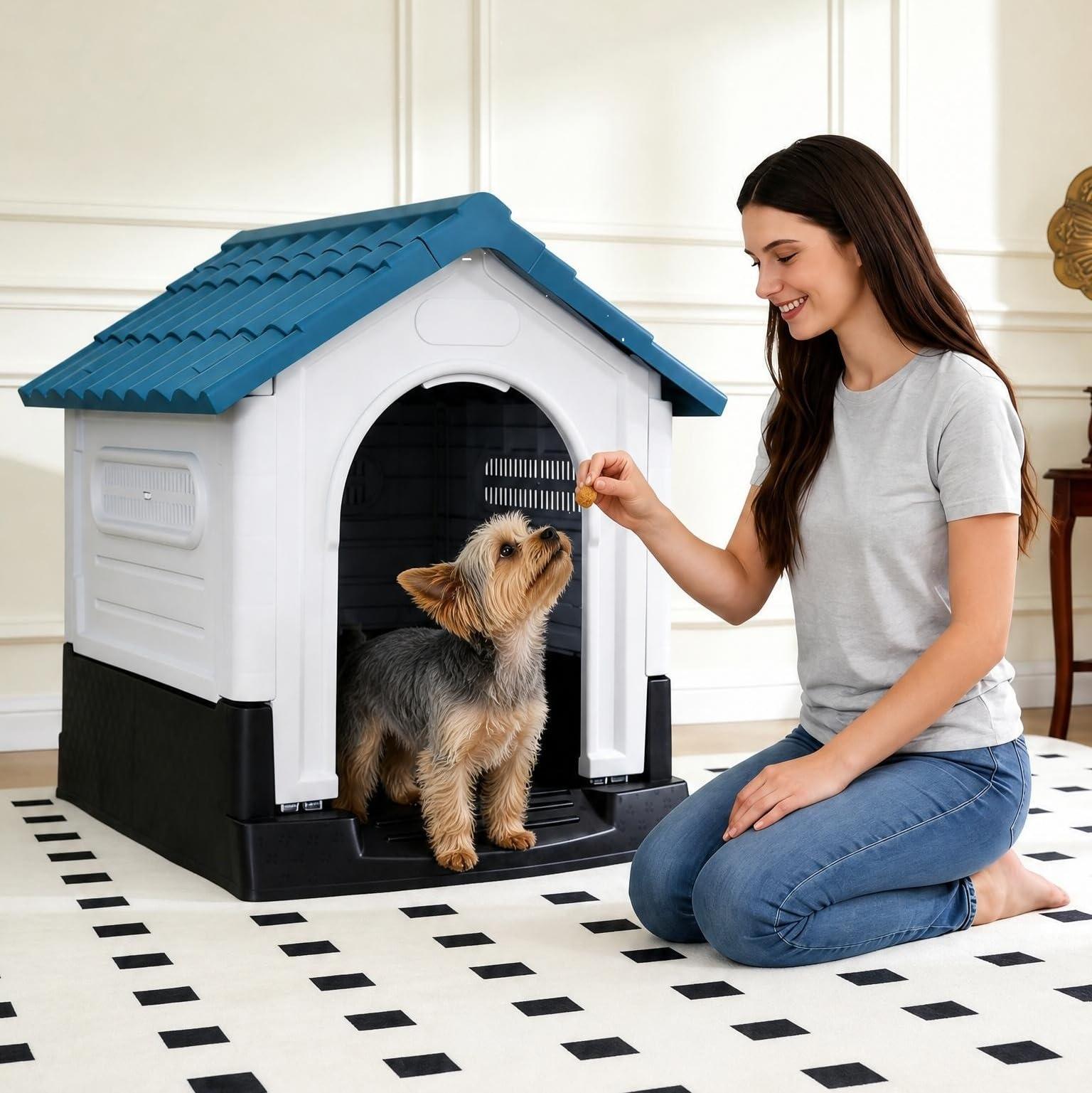 Garvee Small Dog House Outdoor with Air Vents and Elevated Floor for Puppy, Plastic Waterproof Doghouse Sloping Roof, Easy Clean and Assemble, Blue(25.2"D×19.3"W×26"H)