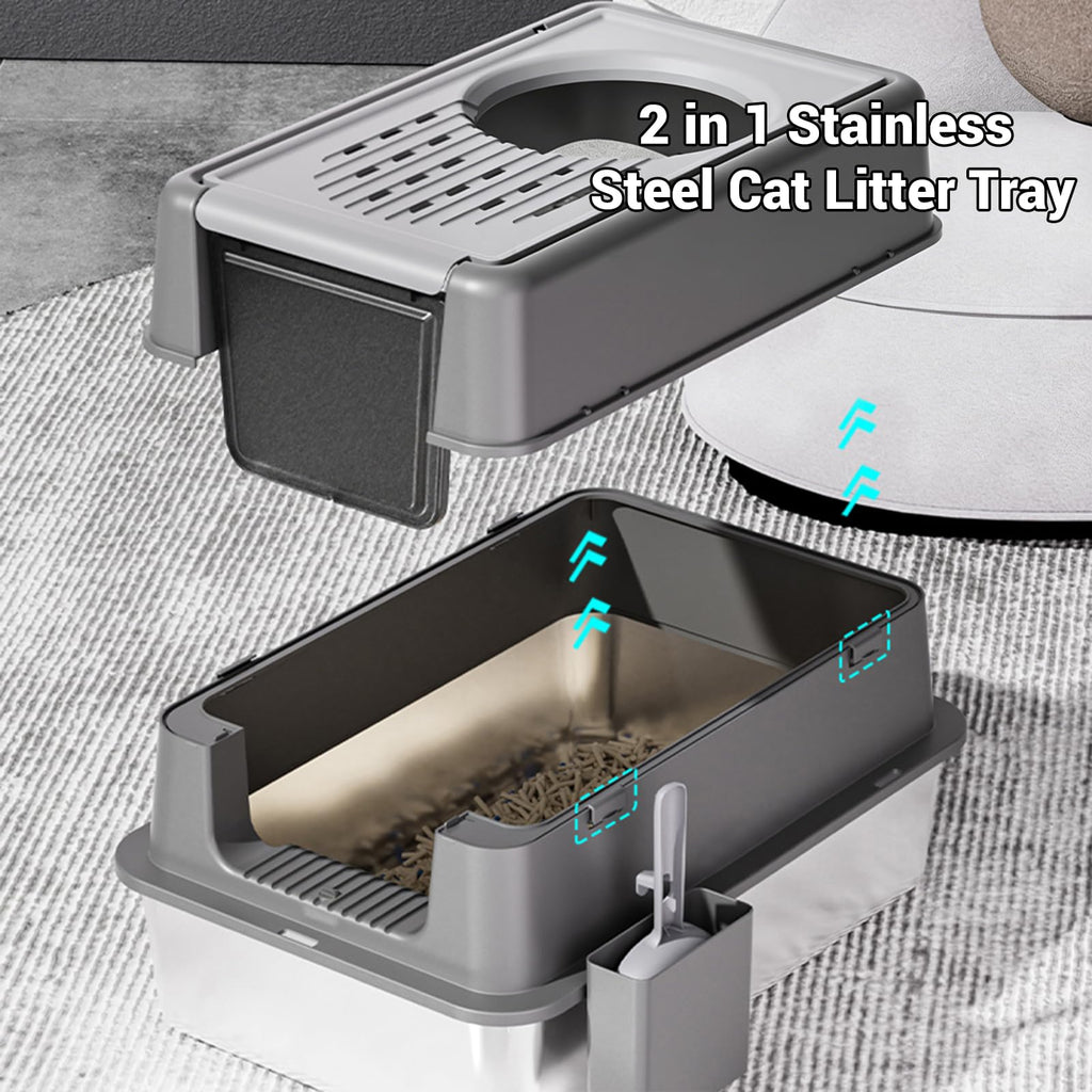Garvee Extra Large Stainless Steel Cat Litter Box – Dual Front & Top Entry, 180° Turn Over-Top Enclosed Design, Leak-Proof, Odor Control, Easy Clean, Anti-Slip Base – For Large or Multi-Cat Households – Deep Black – Size: 60x40x38.5cm