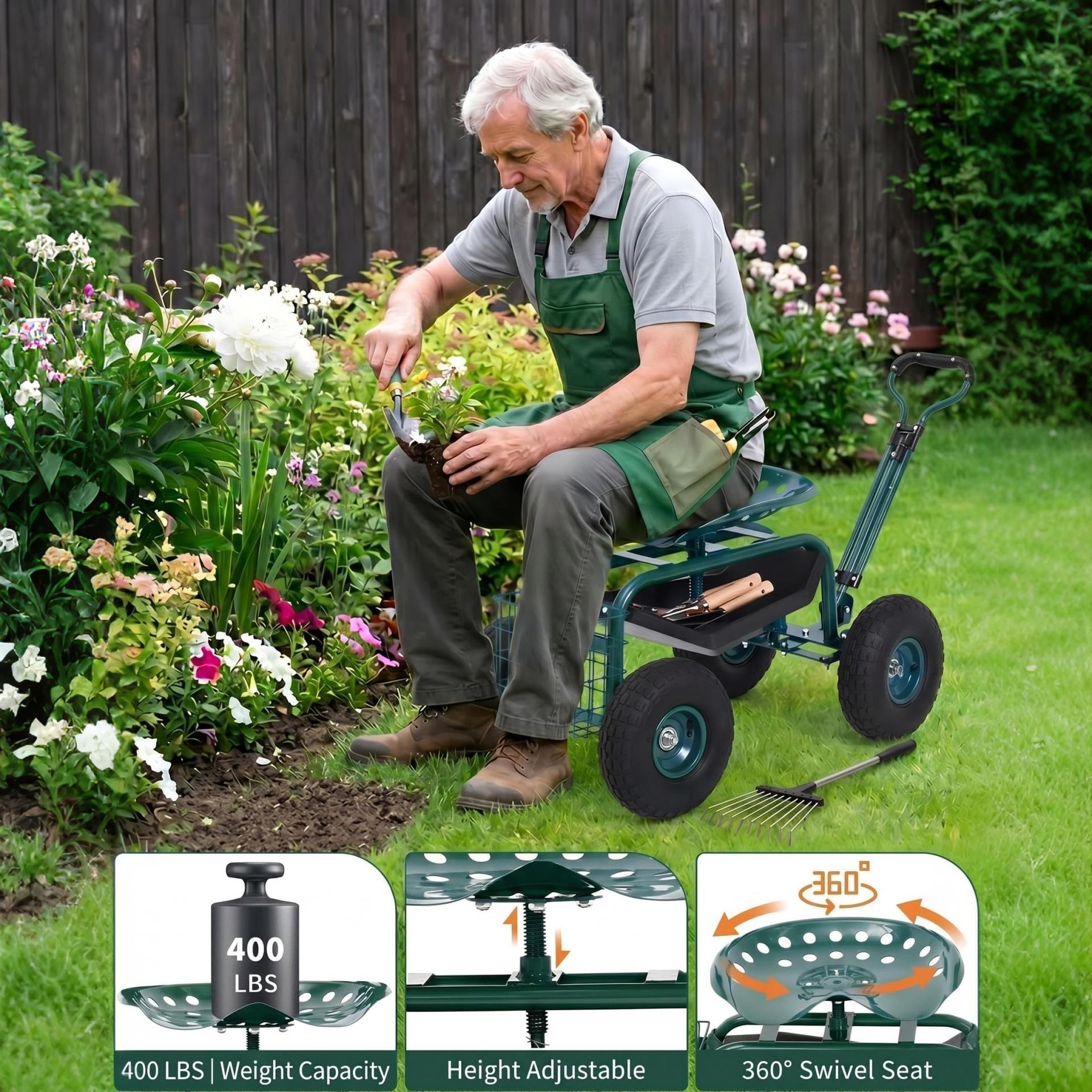 Garvee Green Rolling Garden Work Seat with Wheels, 360° Swivel Gardening Cart with Extendable Steering Handle, Tool Tray, Storage Basket & 10" Inflatable Tires, 400 lb Capacity Garden Scooter for Yard, Patio & Outdoor Use