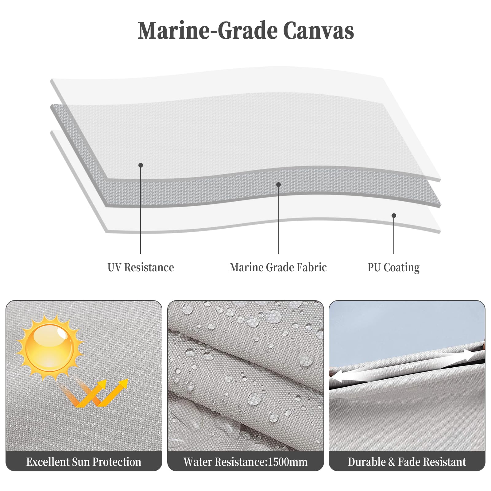 Garvee 4 Bow Bimini Top for Boats - 8'L x 54"H x 73"-78"W - 600D PU-Coated Light Gray Canvas Canopy with Translucent Side Curtains - 1" Aluminum Frame, UV Protection, Zippered Boot, Straps, Rear Support Poles - Color: Light Gray (Translucent Side Curtain)