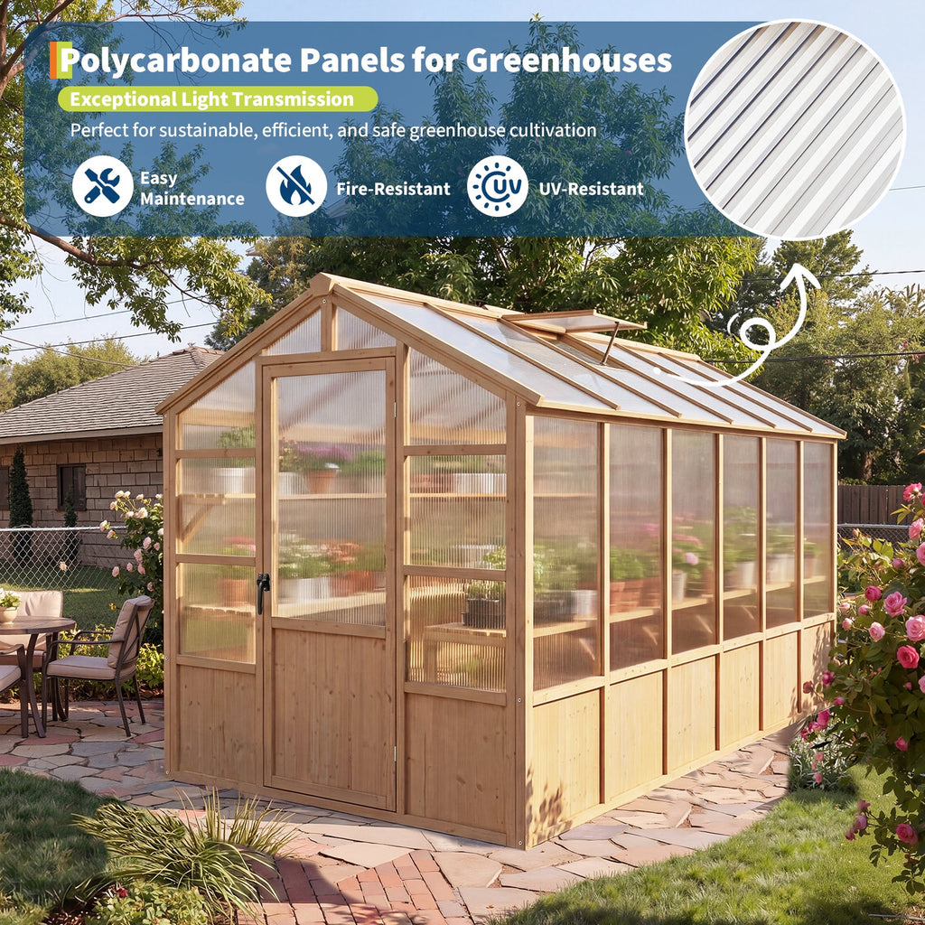 Garvee 6' x 12' Wooden Walk-In Greenhouse Kit, Outdoor Green House with Natural Spruce Wood Frame, Polycarbonate Panels, Ventilated Windows & Lockable Door for Garden, Backyard, Patio & Lawn
