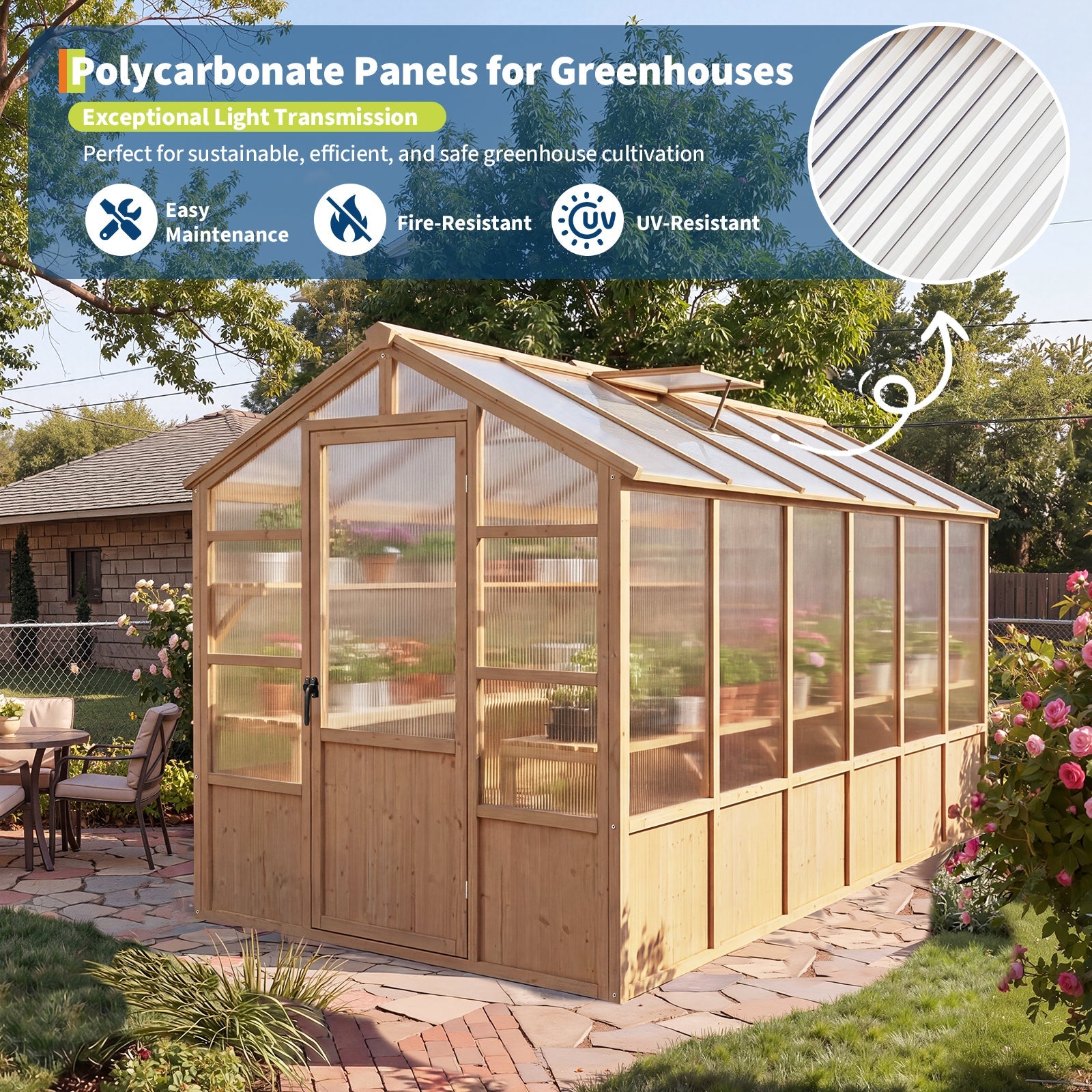 Garvee 6' x 12' Wooden Walk-In Greenhouse Kit, Outdoor Green House with Natural Spruce Wood Frame, Polycarbonate Panels, Ventilated Windows & Lockable Door for Garden, Backyard, Patio & Lawn