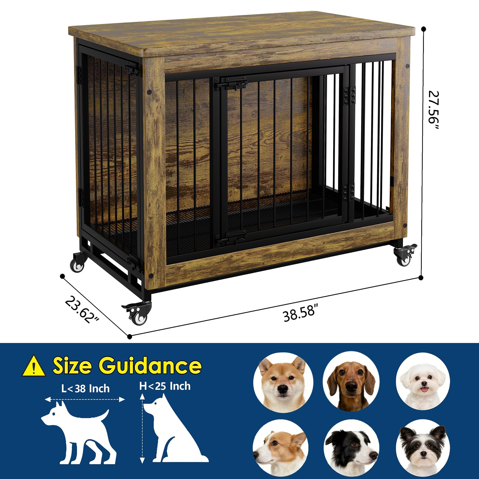 Garvee 38.6" Heavy Duty Dog Crate Furniture with  3 Doors & Wheels, Rustic Indoor Kennel Furniture Pet Crate with Carbon Steel Bars & Removable Tray for Small to Medium Dogs