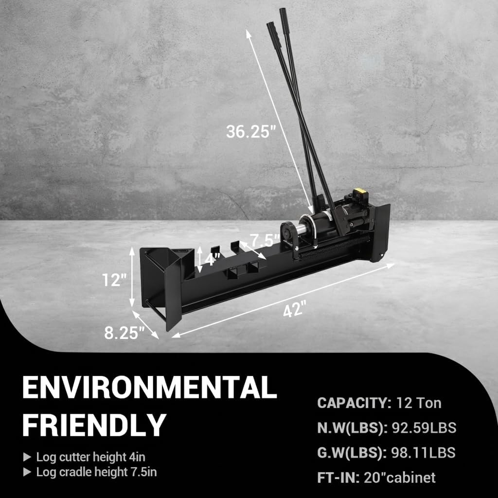 Garvee Hydraulic Log Splitter Wood Cutter 12 Ton Manual Powerful Steel Beam Spring-Loaded Return Knob Built-in Wheels Portable for Outdoor Use
