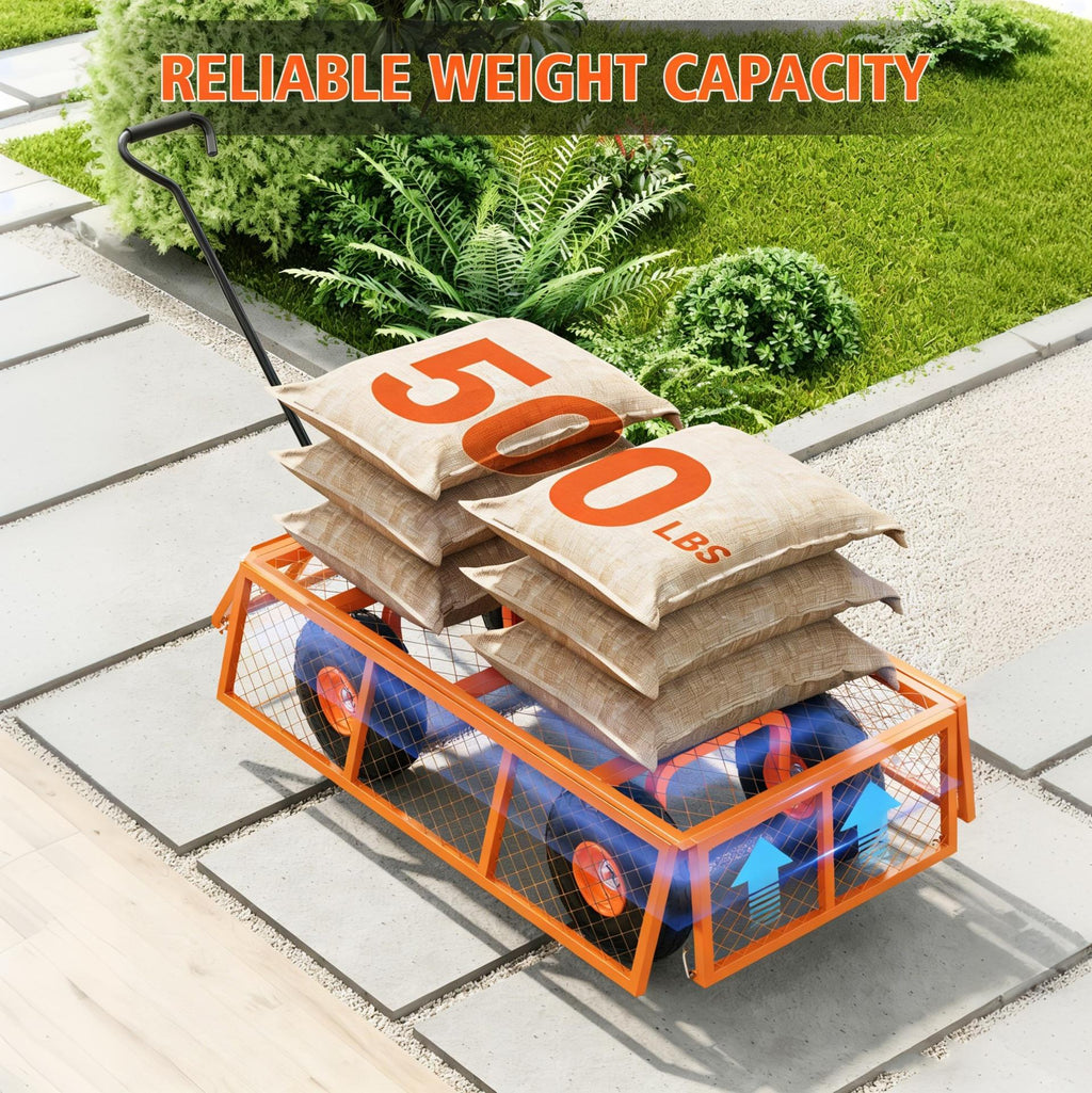Garvee 500 lb Steel Garden Cart, 33.86 x 18.11 x 42.52 in 3-in-1 Utility Wagon with Removable Mesh Sides, 10 in Pneumatic Wheels & 180° Handle for Yard, Lawn and Farm, Orange