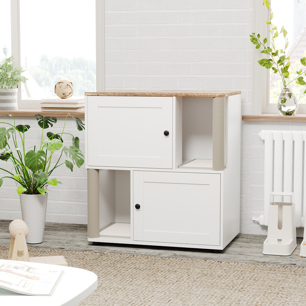 Garvee Double Cat Litter Box Enclosure for 2 Cats – 2-Tier Modern Wooden Cabinet with Hidden Litter Box, Mark Mats & Post, Corner Cat Washroom, End Table – Basic Gray Model