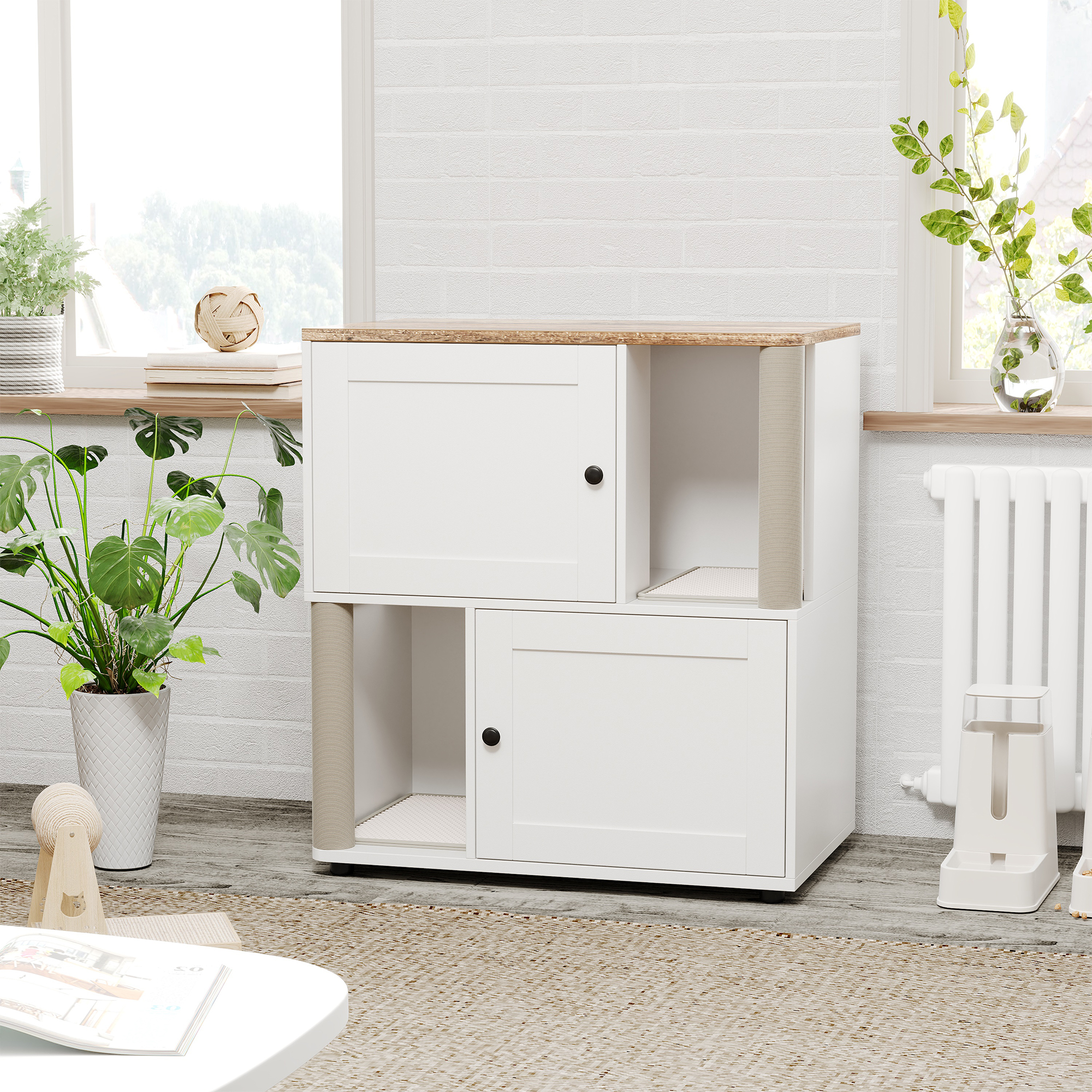 Garvee Double Cat Litter Box Enclosure for 2 Cats – 2-Tier Modern Wooden Cabinet with Hidden Litter Box, Mark Mats & Post, Corner Cat Washroom, End Table – Basic Gray Model