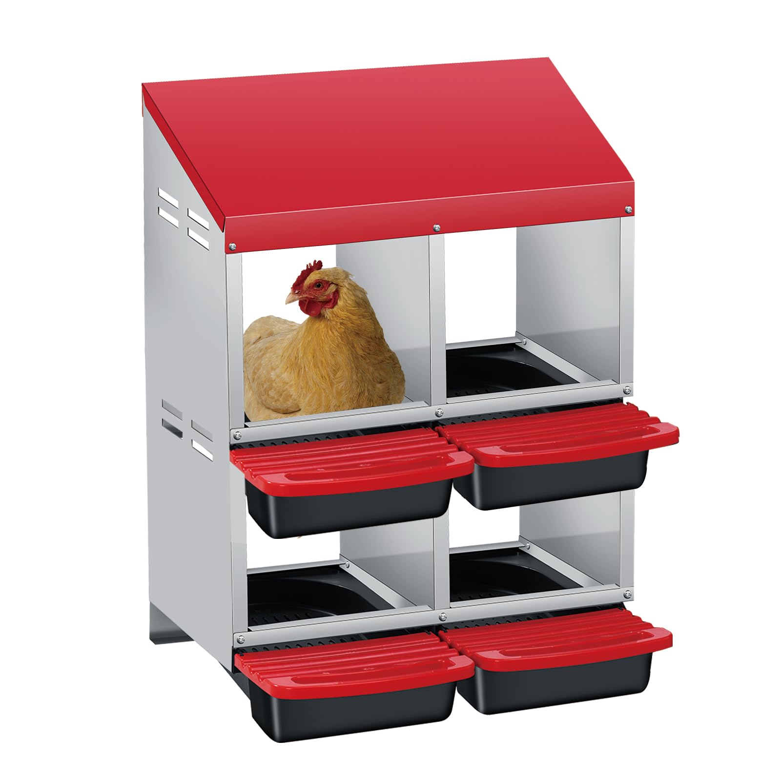 Garvee Chicken Nesting Boxes, 2x2 Hole Metal Wall Mount Roll Away Nest with Removable Trays and Roll Out Egg Collection for Chicken Coop