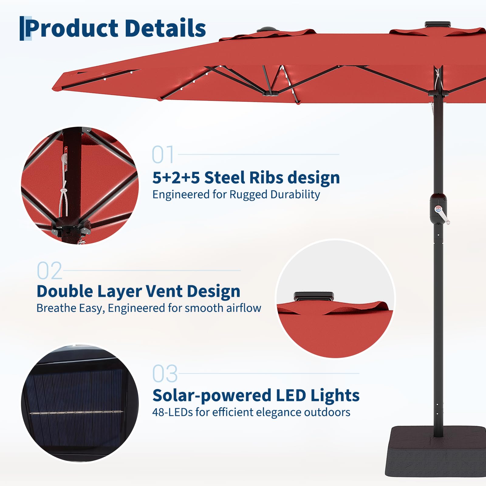 Garvee 15' Rectangular Patio Umbrella with Solar LED Lights & Base, Crank Handle UV-Resistant Outdoor Market Umbrella for Backyard, Pool & Patio, Red