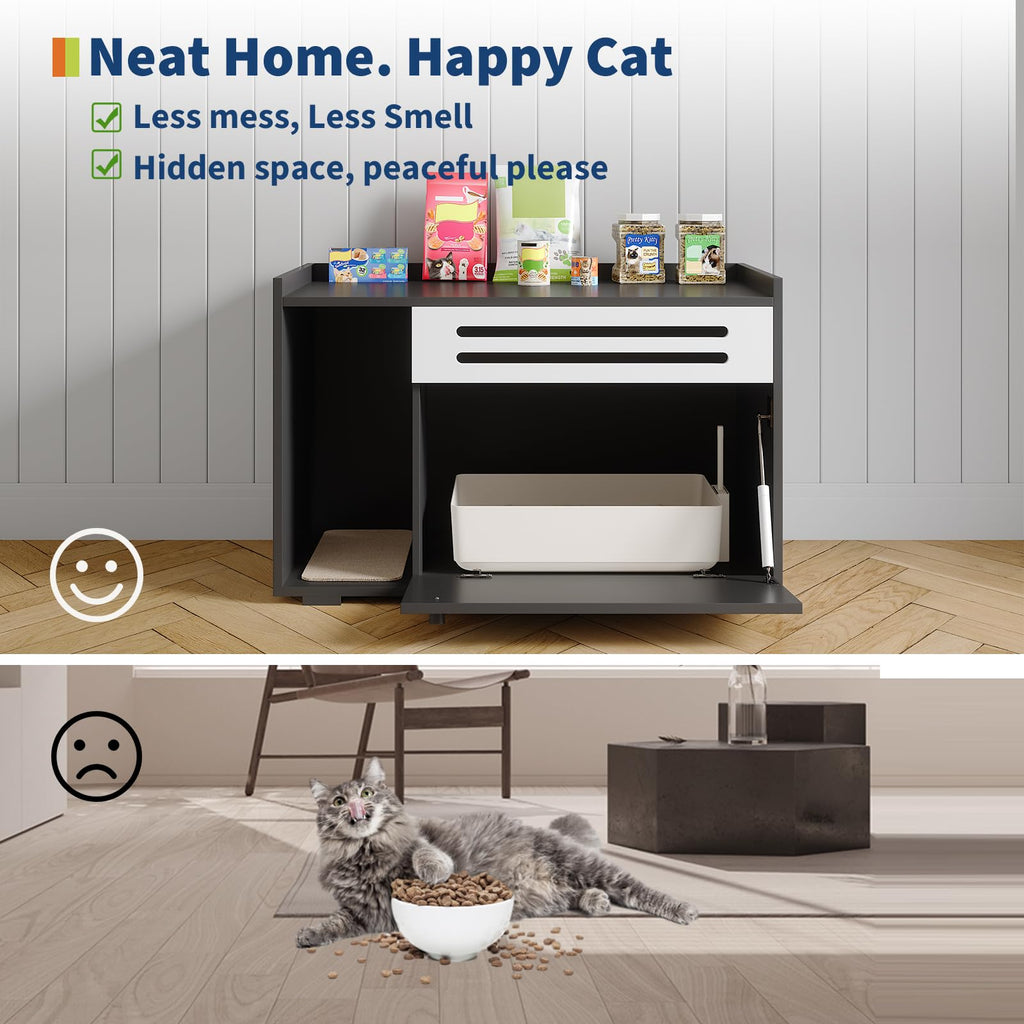 Garvee Dog-Proof & Ventilated Cat Litter Box Enclosure Furniture – Large Modern Hidden Cabinet with Turn-Down Door, Easy to Clean, Indoor Cat Privacy House – Black