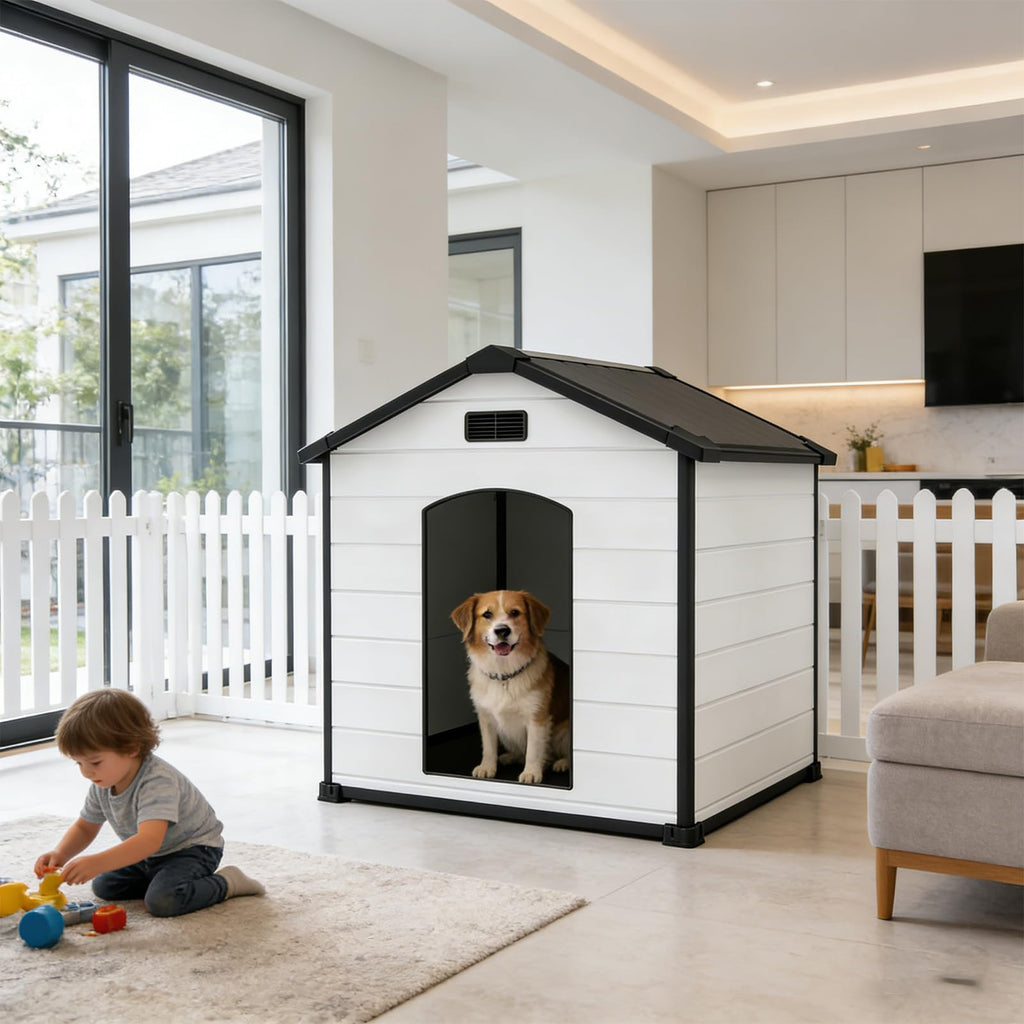 Garvee Large Dog House Indoor Outdoor Waterproof, 46" Durable Plastic Dog Kennel with Raised Floor, Removable Roof & Air Vent for Small to Large Dogs, Easy Assembly