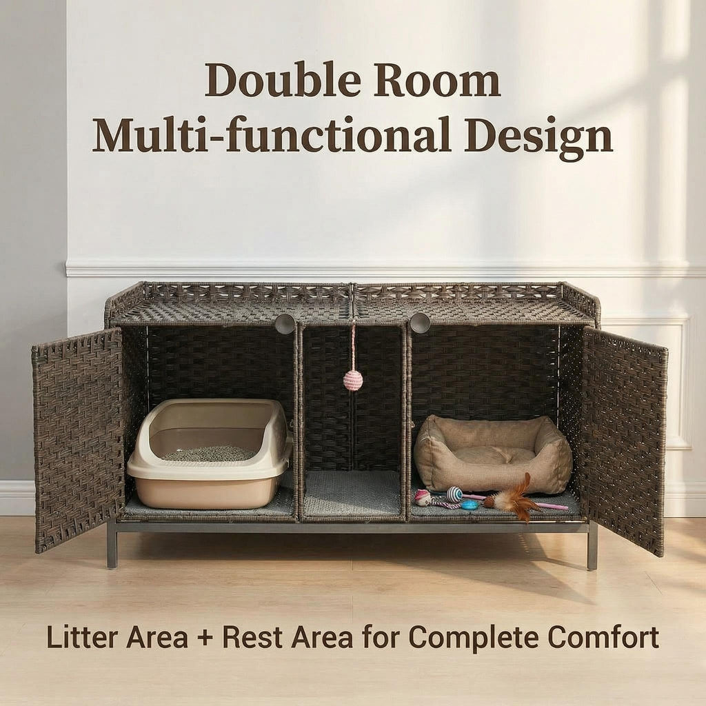 Garvee Handwoven Rattan Cat Litter Box Enclosure - Hidden Cat Washroom Cabinet with Door, Mat & S-Shaped Hooks - Spacious Stylish Cat Furniture for Living Room or Bedroom - Gray