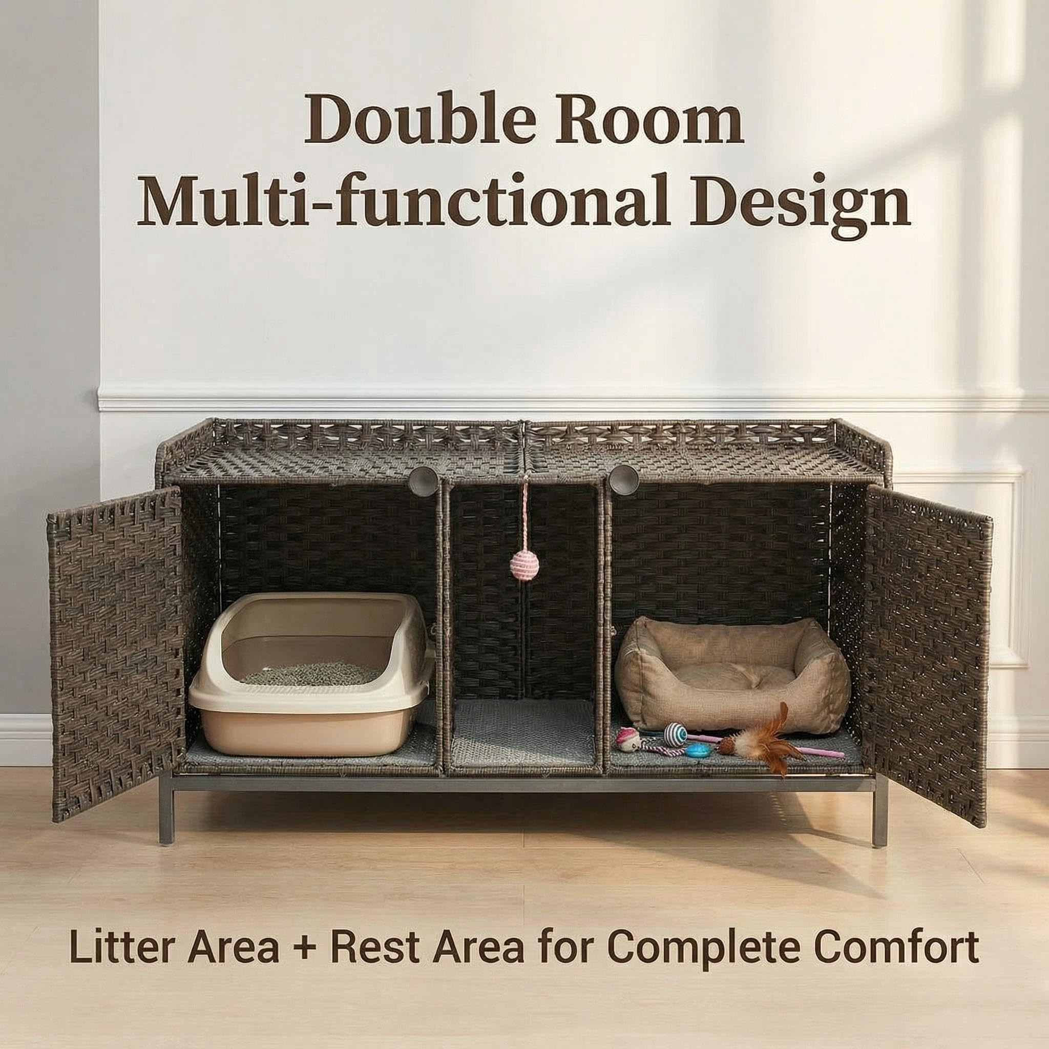 Garvee Handwoven Rattan Cat Litter Box Enclosure - Hidden Cat Washroom Cabinet with Door, Mat & S-Shaped Hooks - Spacious Stylish Cat Furniture for Living Room or Bedroom - Gray