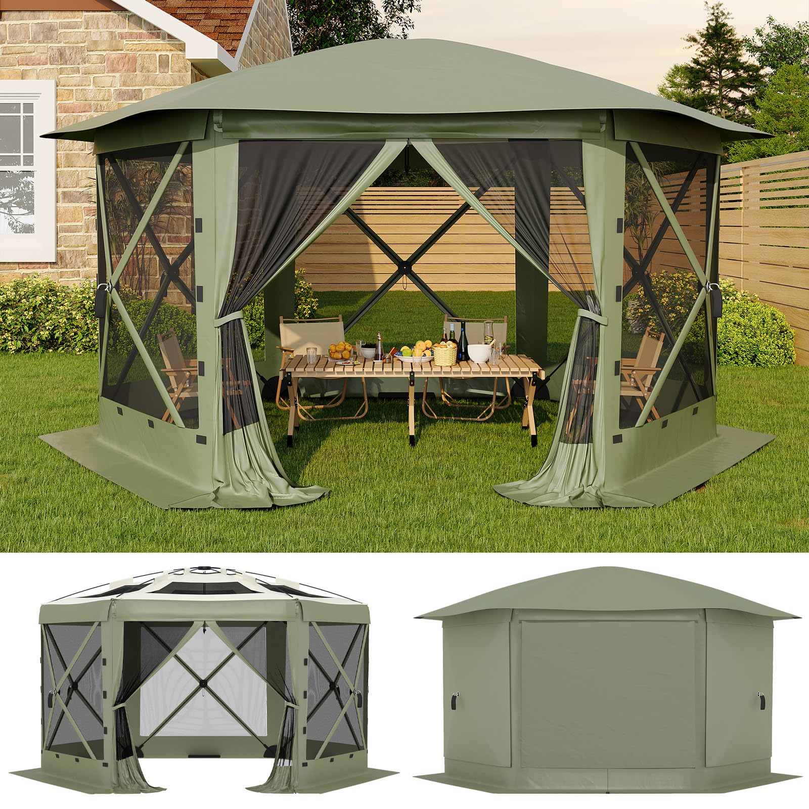 Garvee 10' x 12' Pop Up Screen Tent, 6-Sided 300D Oxford Screen House with Removable Canopy, UPF 50 Waterproof Camping Gazebo, Army Green