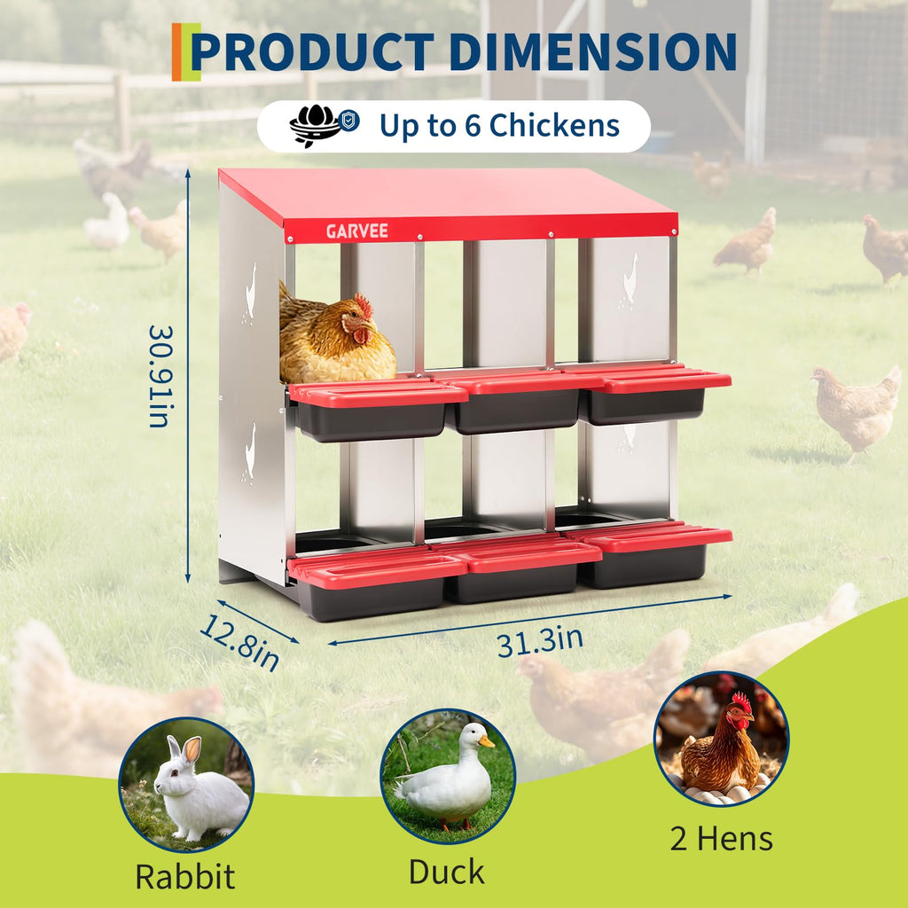 Garvee 6-Compartment Metal Chicken Nesting Box, Roll Away Poultry Laying Box with Sloped Anti-Perch Roof, 31.3"x12.8"x30.9", Red