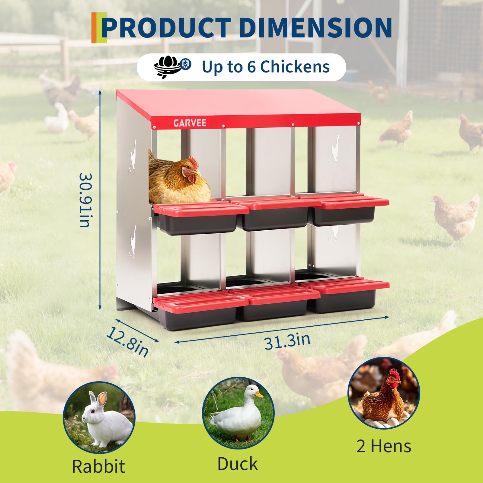 Garvee 6-Compartment Metal Chicken Nesting Box, Roll Away Poultry Laying Box with Sloped Anti-Perch Roof, 31.3"x12.8"x30.9", Red