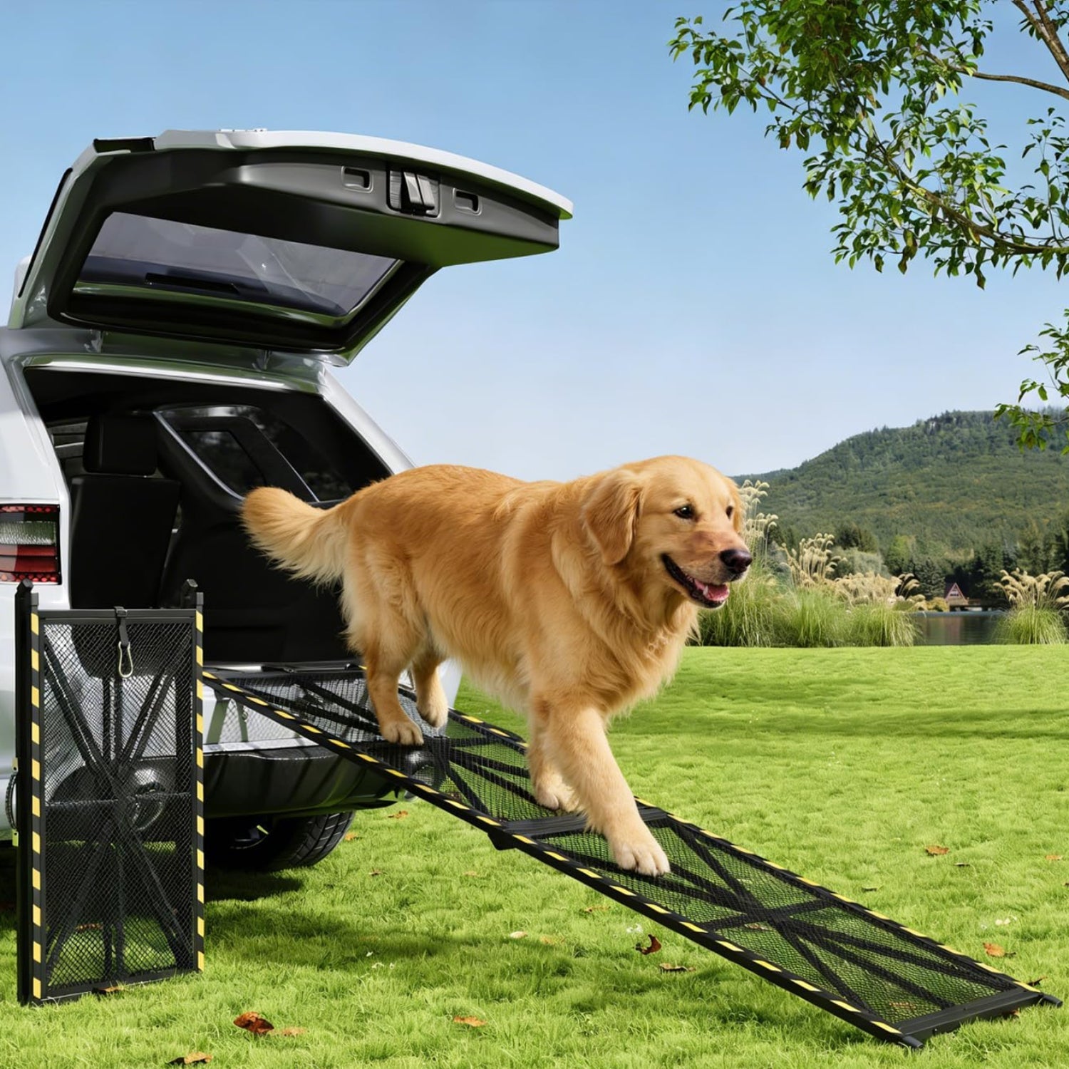 Garvee Heavy Duty Portable Steel Dog Ramp for Cars, 71"×17" Folding Pet Ramp for Large Dogs with Anti-Slip Mesh Incline Access Car Ramp for SUV Car/Truck/RVs, Outdoor Dog Ramp 300 lbs Capacity