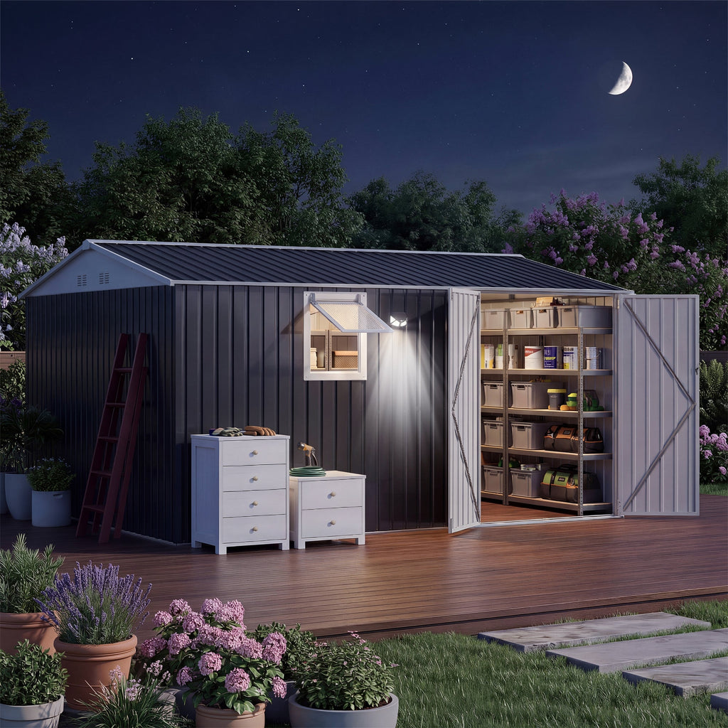 Garvee 10' x 12' Metal Outdoor Storage Shed, Reinforced Galvanized Steel Garden Shed with Lockable Double Doors, Window, Vents, Pegboard & Solar Sensor Light, Weather-Resistant Backyard Storage Unit, Black