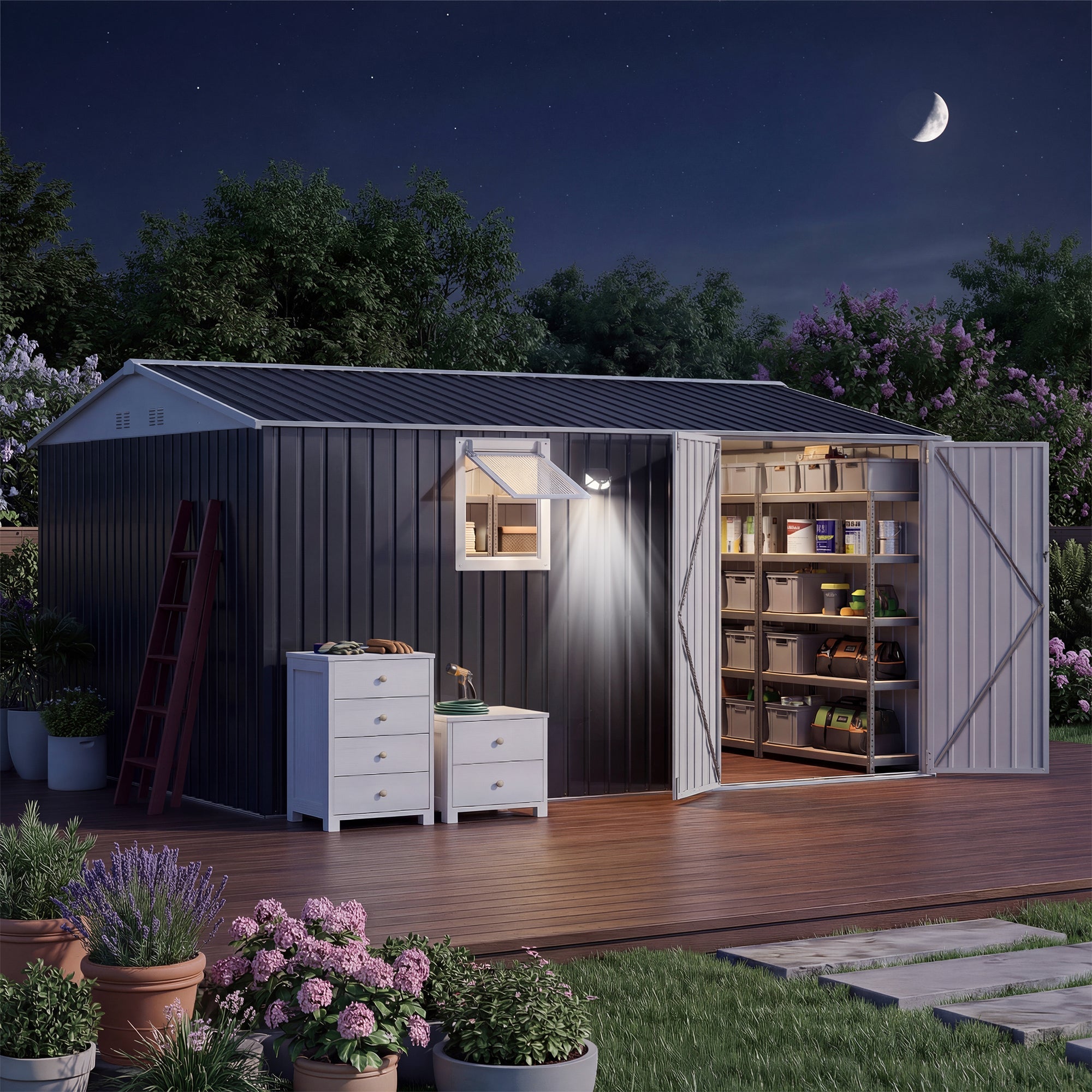 Garvee 10' x 12' Metal Outdoor Storage Shed, Reinforced Galvanized Steel Garden Shed with Lockable Double Doors, Window, Vents, Pegboard & Solar Sensor Light, Weather-Resistant Backyard Storage Unit, Black