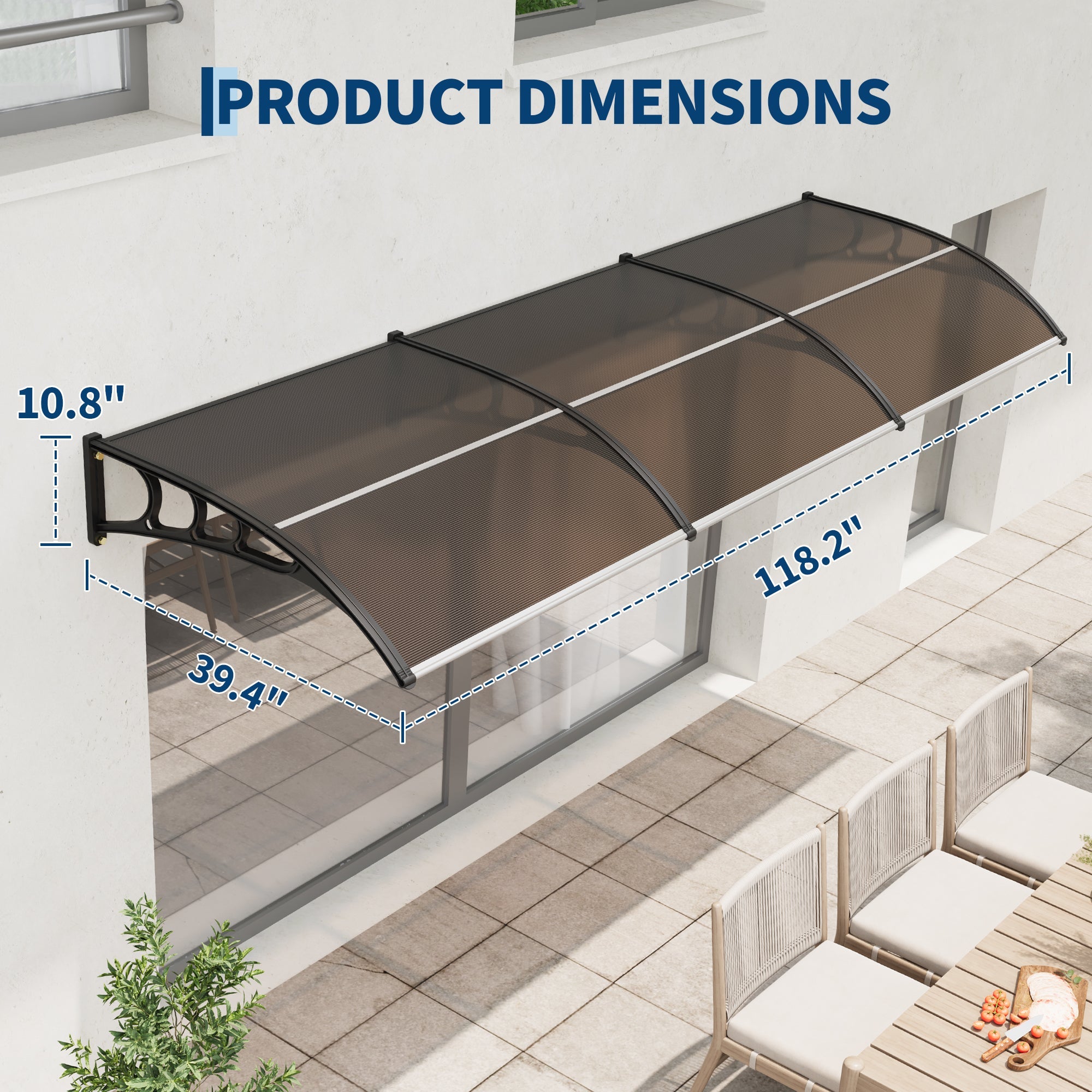 Garvee 40" X 120" Heavy-Duty Outdoor Door Awning Canopy - Polycarbonate Cover, UV/Rain/Snow/Sun Protection, Plastic Steel Brackets, Brown Shelter