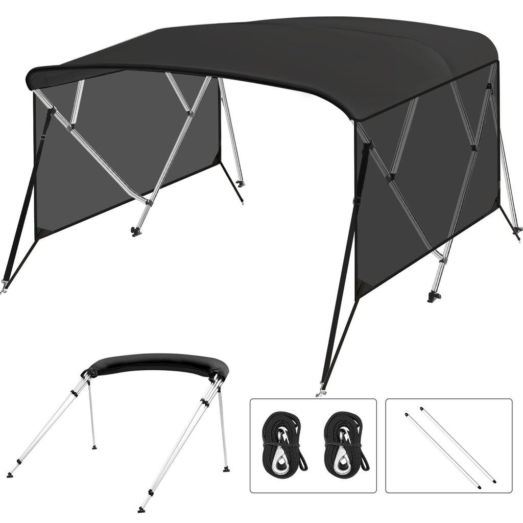 Garvee 4 Bow Bimini Top for Boats with Removable Zippered Translucent Side Curtains - Marine Grade 600D PU-Coated Canvas, Waterproof Sun Shade, 1" Aluminum Alloy Frame, Adjustable Straps, Rear Support Poles - Black - 8'L x 54"H x 73"-78"W (Translucent