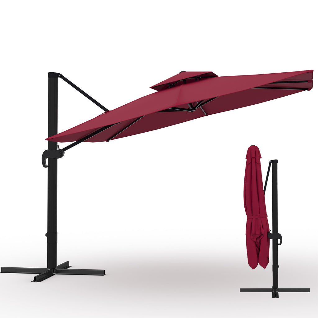 Garvee 10' × 10' Cantilever Patio Umbrella, 360° Rotating Aluminum Offset Umbrella with Adjustable Height, Burgundy Red, Base Not Included